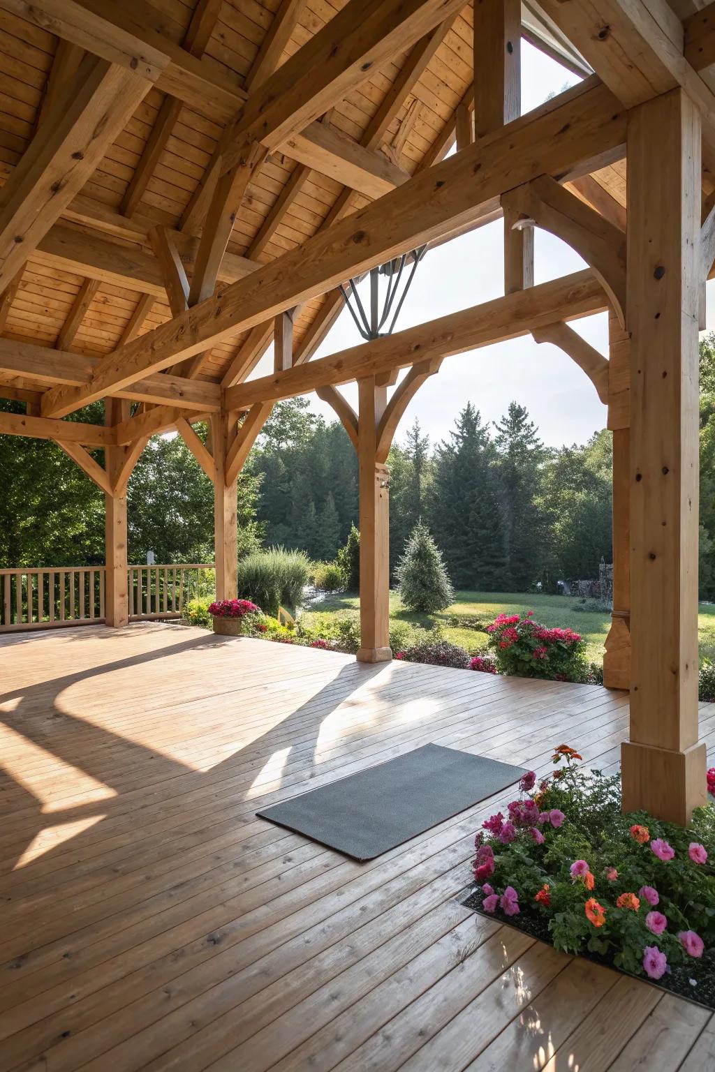 Embrace tranquility: Transform your timber porch into a rejuvenating open-air yoga oasis.
