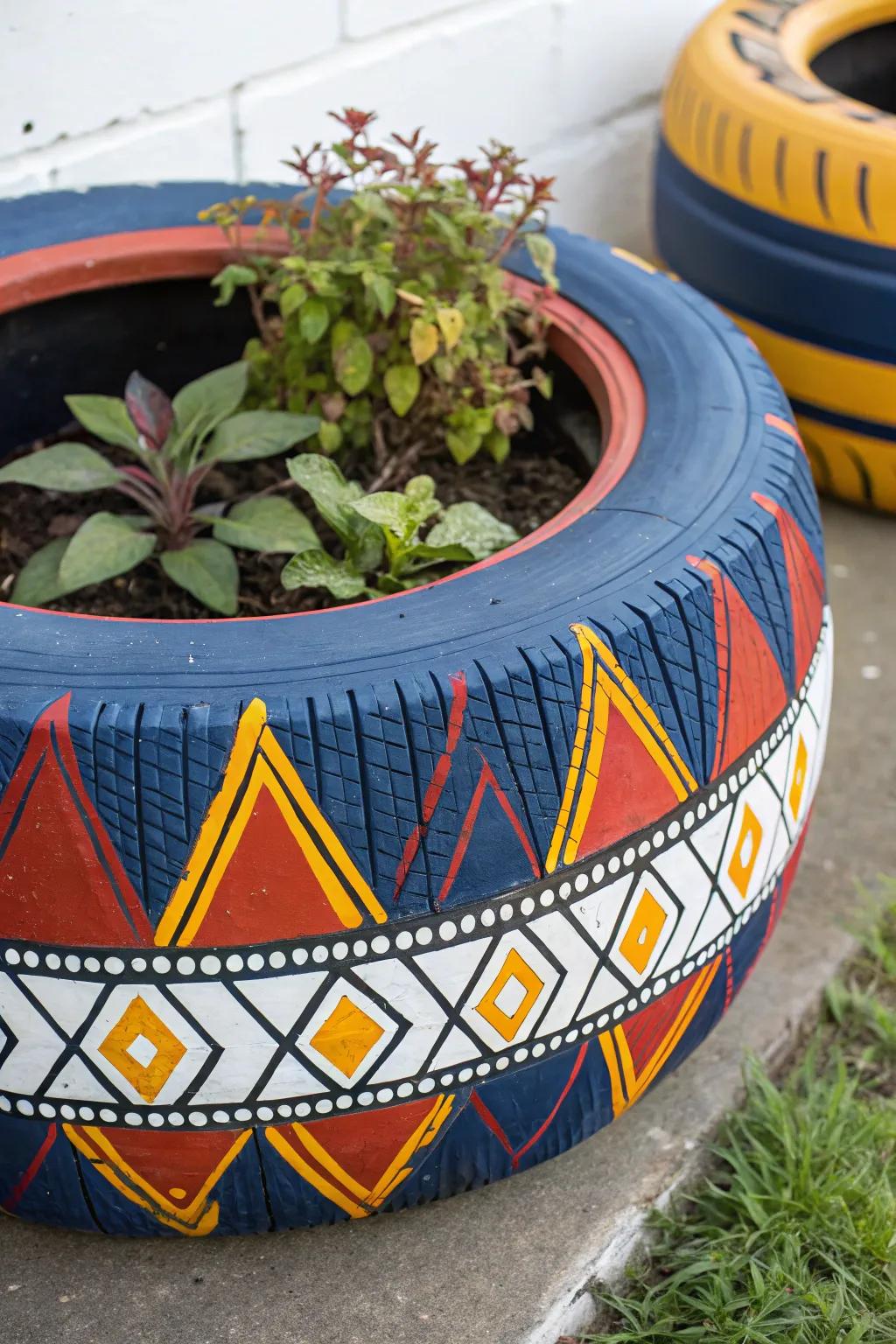 Transform your garden with bold geometric tire art!