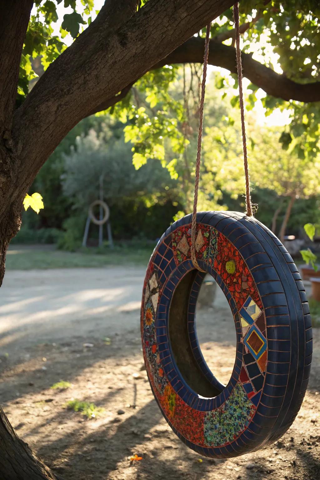 Transform your backyard with a stunning mosaic tire swing – where craftsmanship meets creativity.