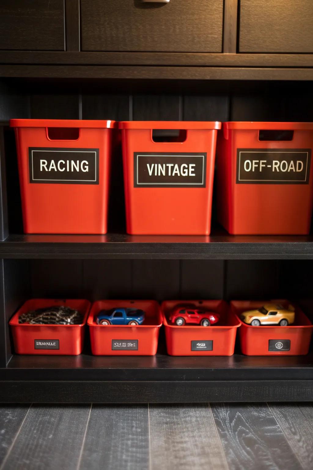 Elevate your toy car storage with bold, labeled bins that blend style and functionality.