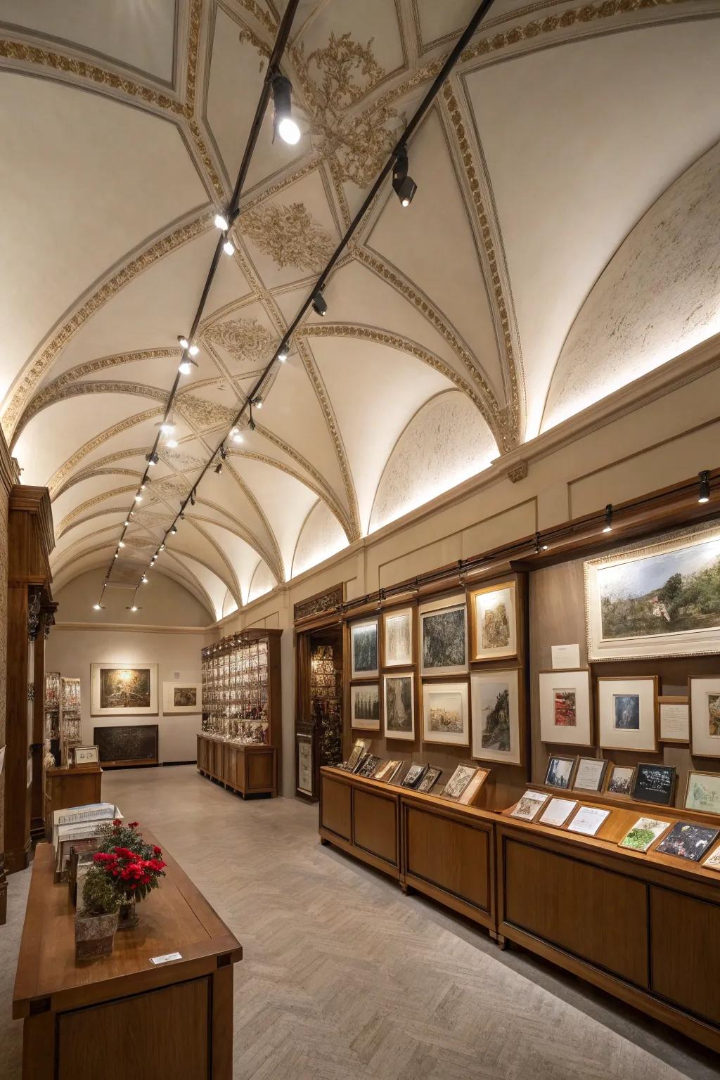 Track lighting elegantly highlights artwork and shelving units.