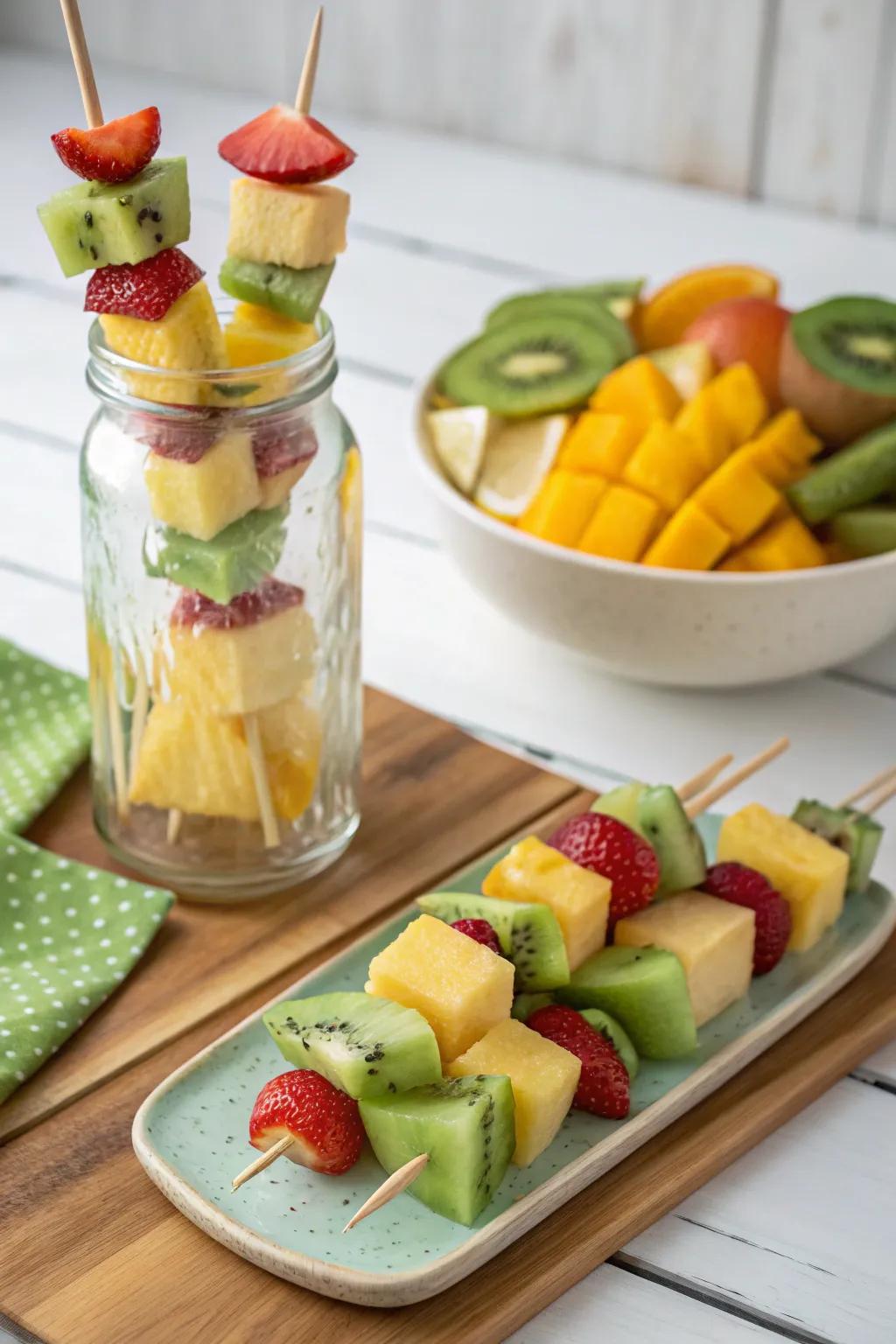 Fruit skewers offer a convenient and fun way to enjoy tropical treats.