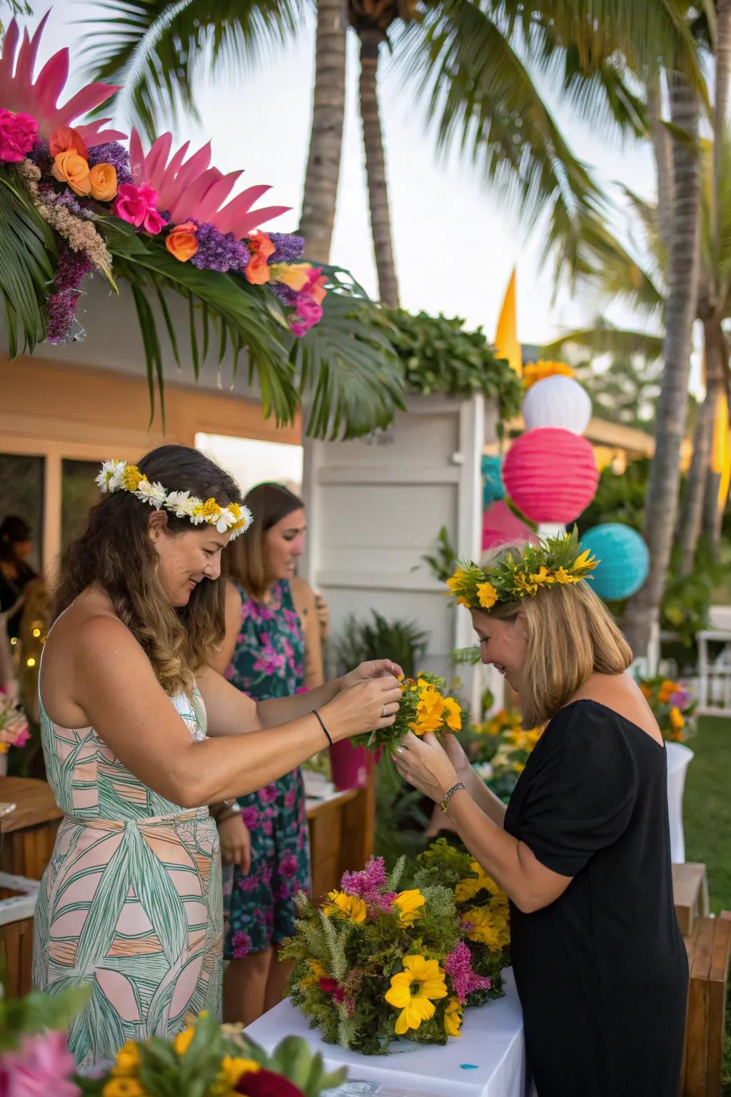 Guests creating their own tropical flower crowns.