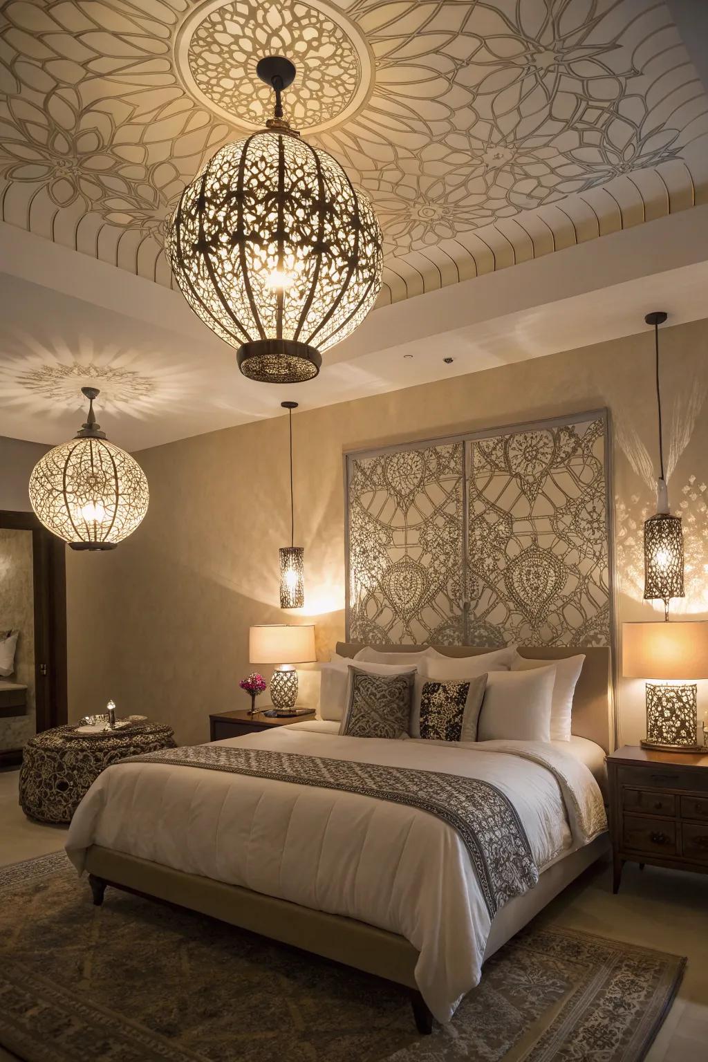 Unique lighting fixtures add drama and style.