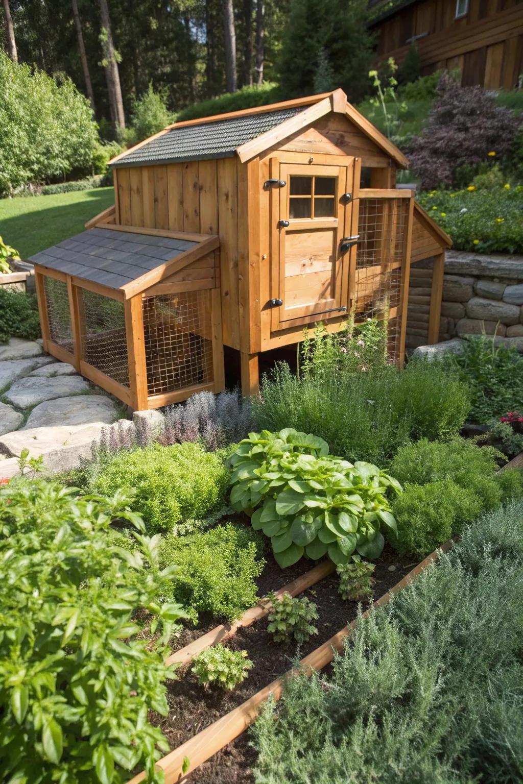 A perfect fusion of artistry and nature: a turkey coop embraced by a fragrant herb garden.