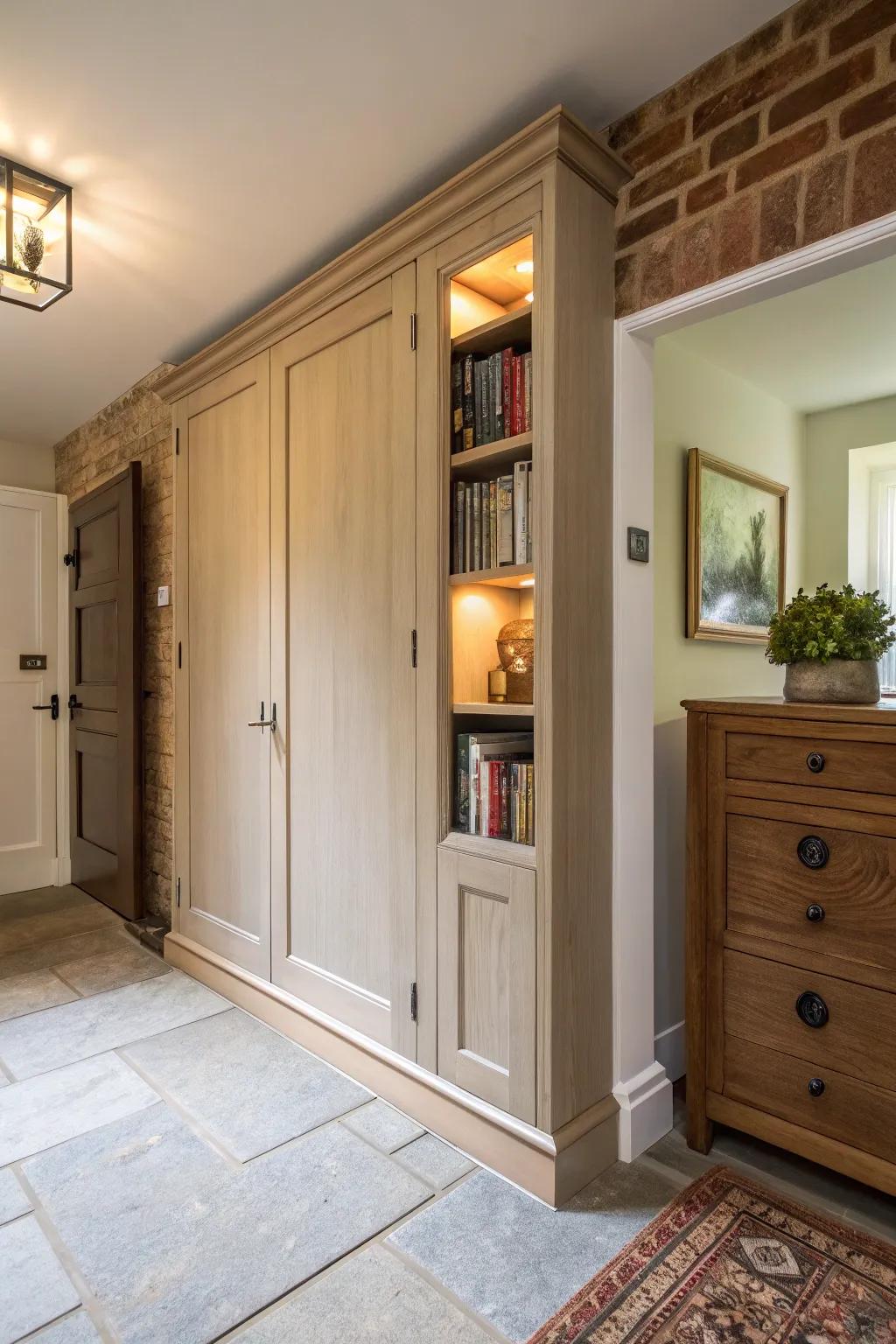 Hidden cabinets provide sleek storage solutions in unused spaces.