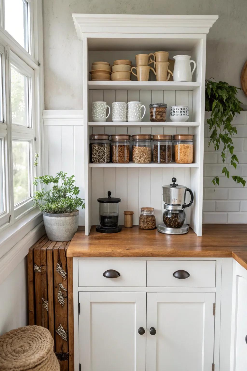 Transform your morning routine with a charming minimalist coffee station, where simplicity meets natural beauty.