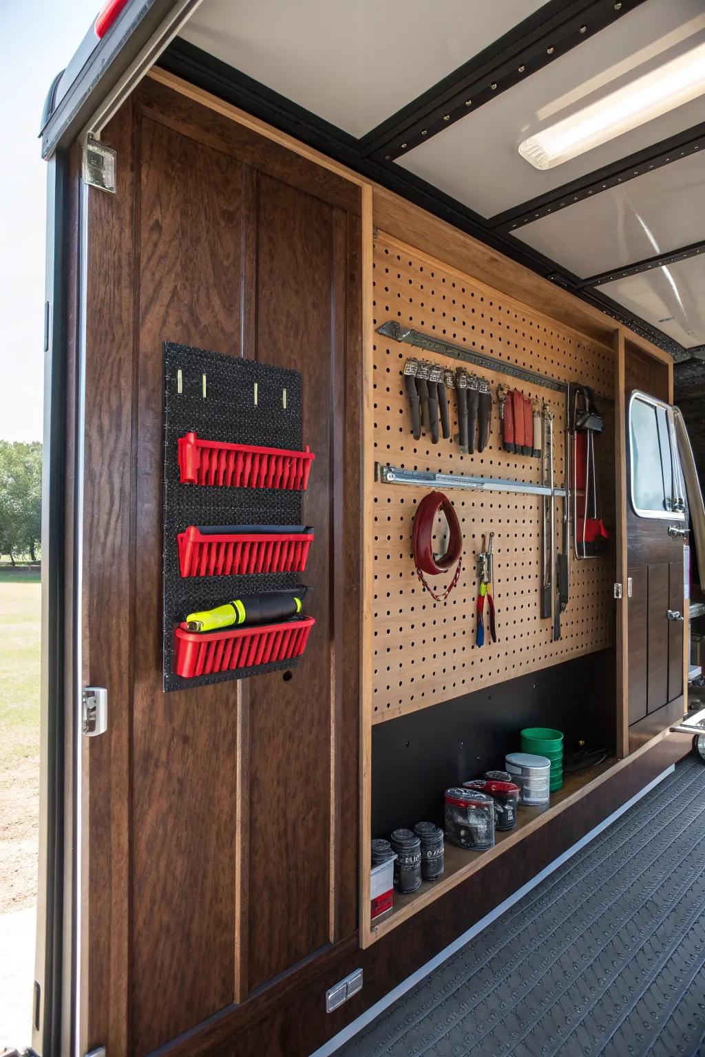 Transform your trailer into an organizational masterpiece with customizable pegboards. #Craftsmanship #Organization
