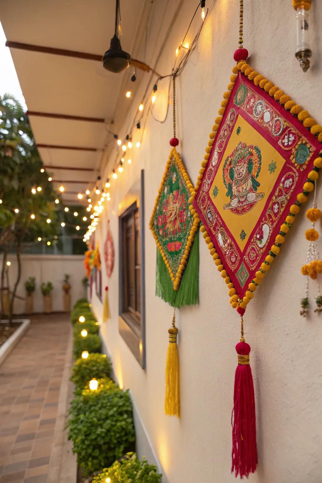 Decorative wall hangings transforming the Varalakshmi Vratam setting.