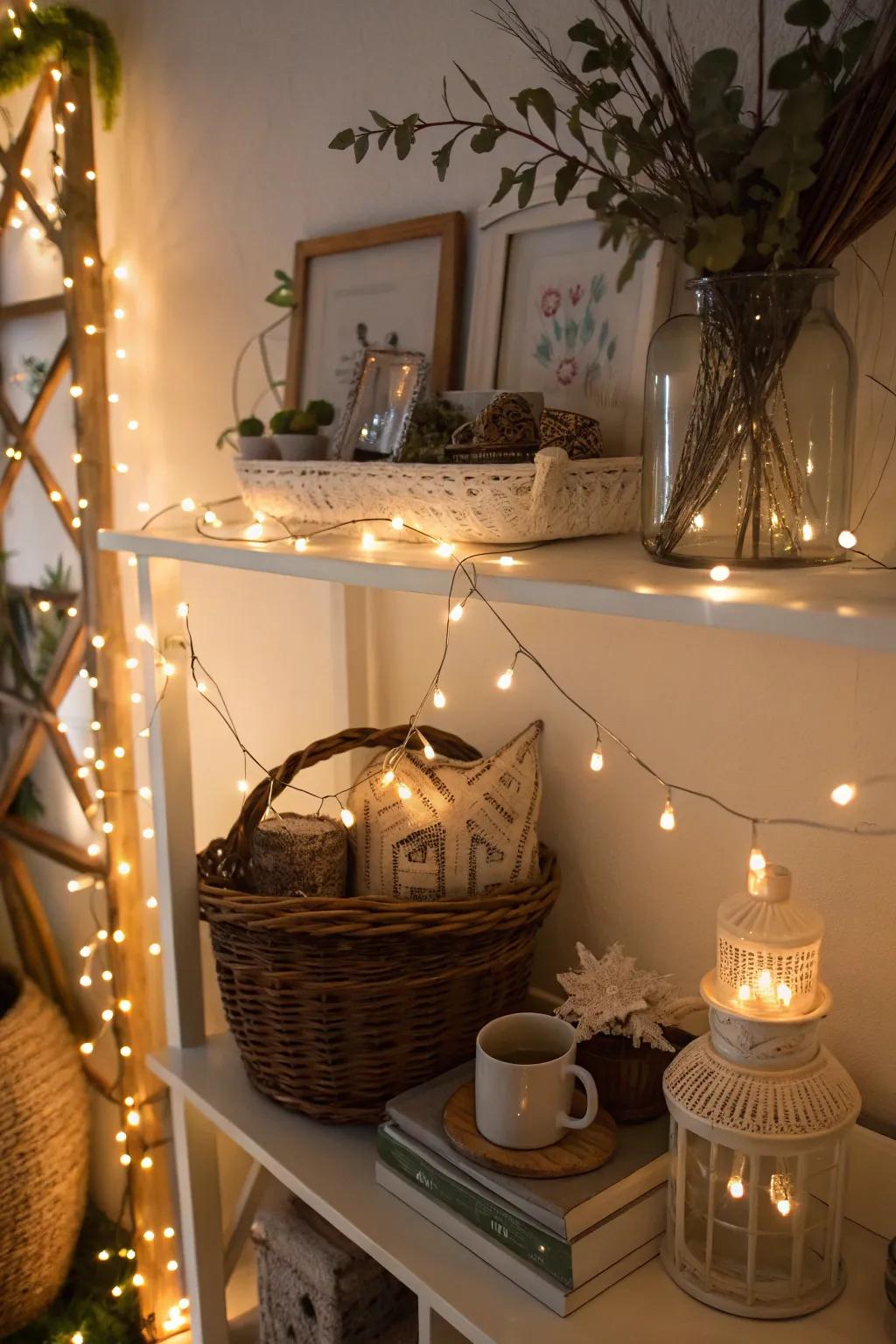 A whimsical vignette illuminated by fairy lights.