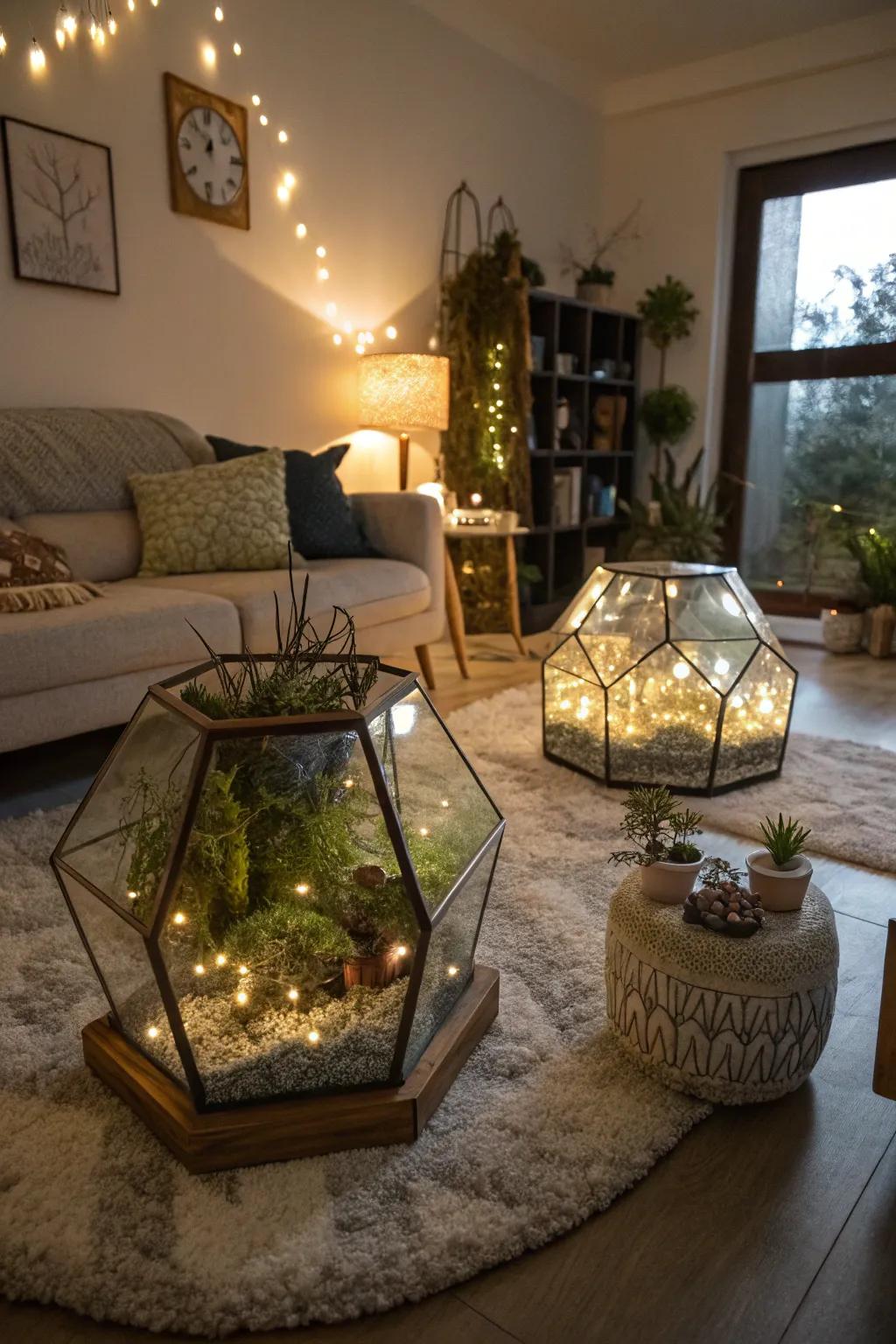 A cozy living room featuring LED-lit terrariums, casting a magical glow and highlighting the greenery.
