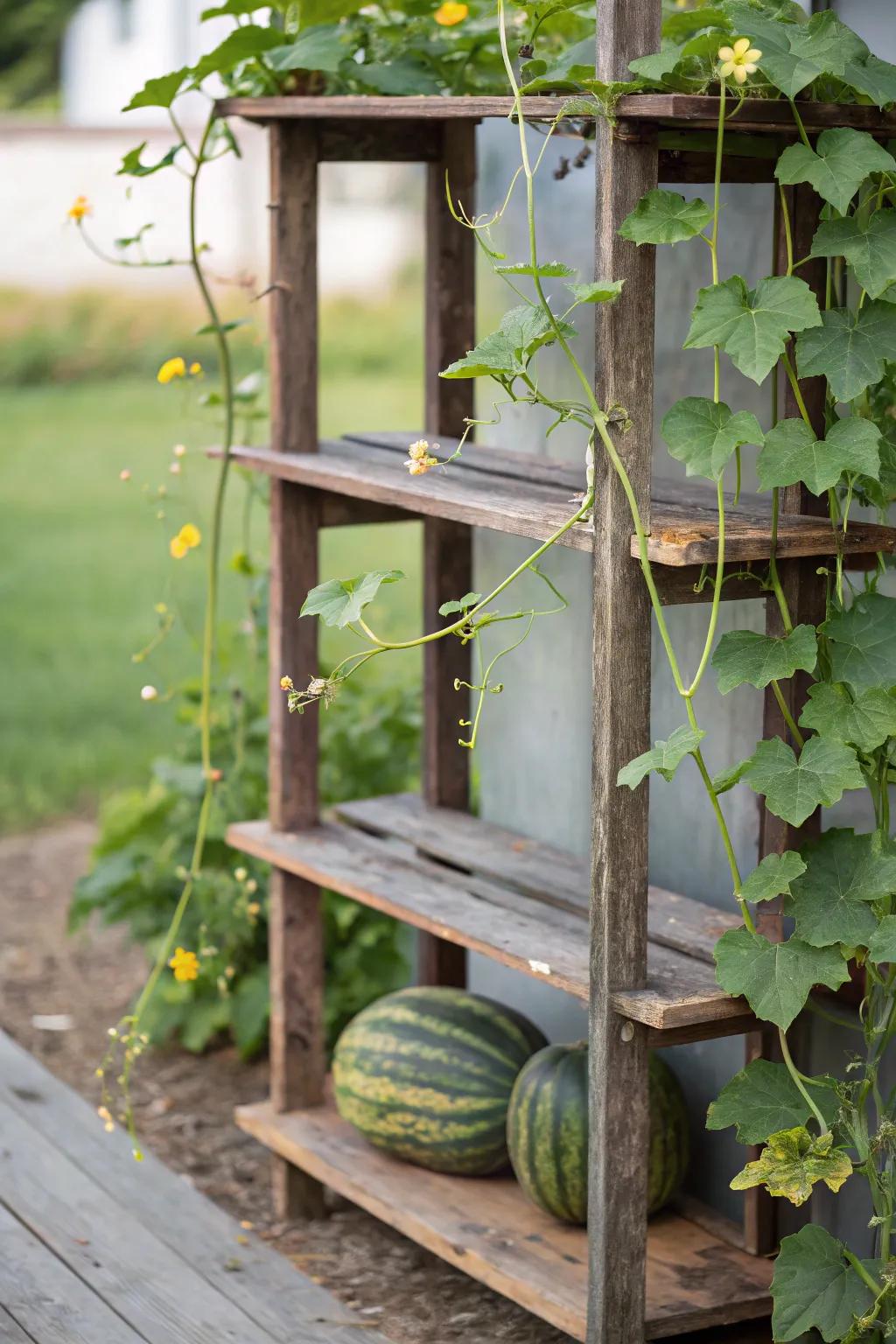 Transform your garden with a chic, minimalist watermelon trellis using a repurposed shelving unit. Embrace natural beauty with a touch of Scandinavian style.