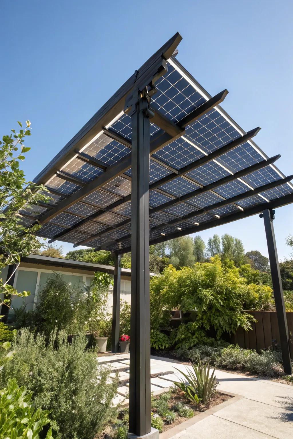 Elevate your outdoor space with a sustainable solar panel pergola roof – where craftsmanship meets eco-conscious living.