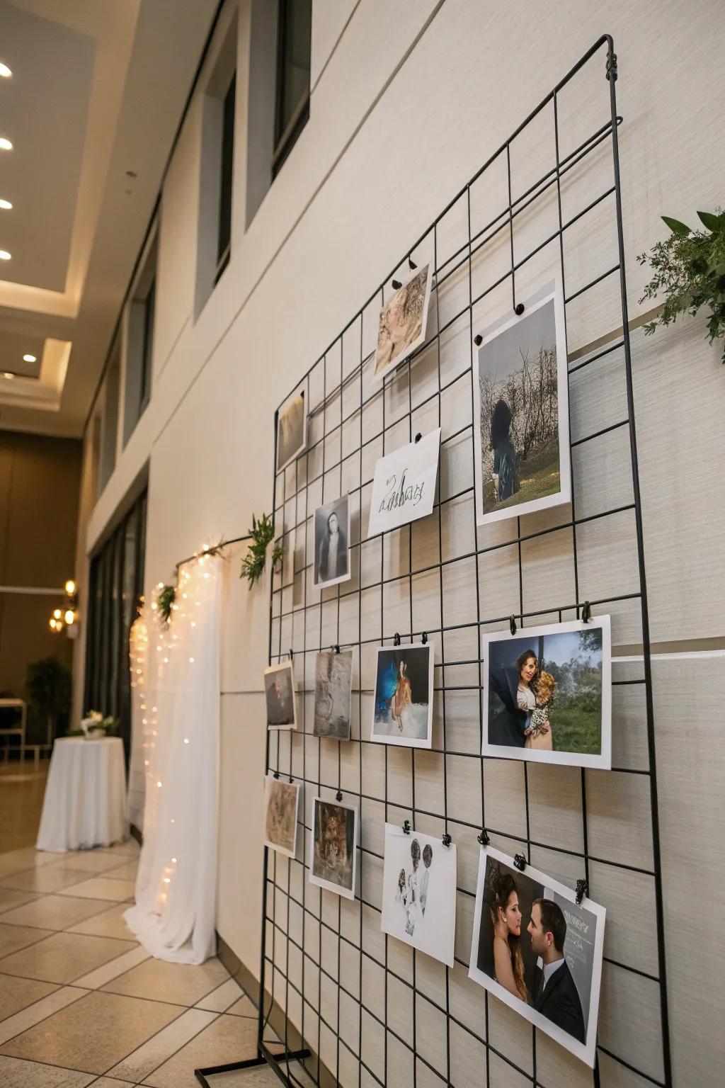 Achieve industrial chic with a metal grid photo display.