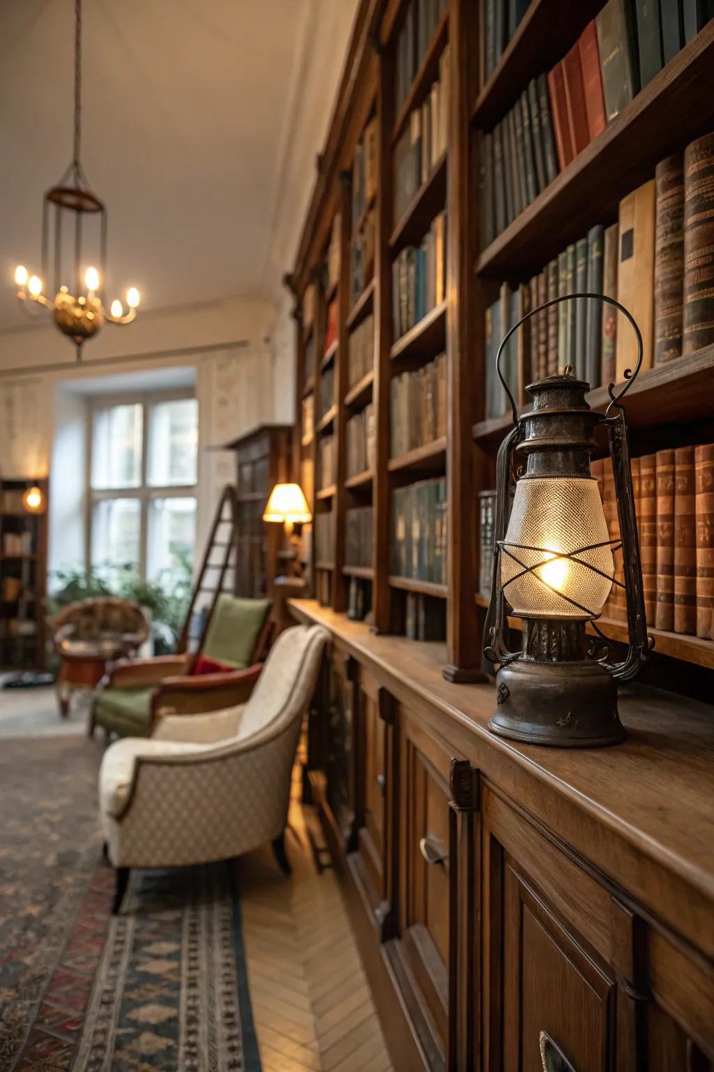 Elevate your reading nook with the warm glow of a lantern on the bookshelf.