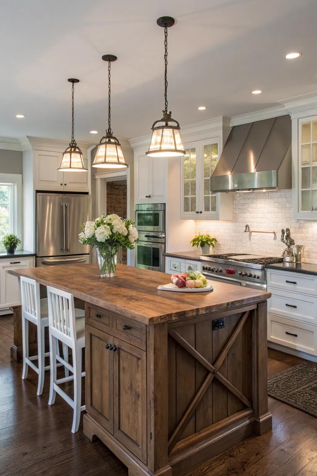 A harmonious blend of traditional and modern elements in a white kitchen.