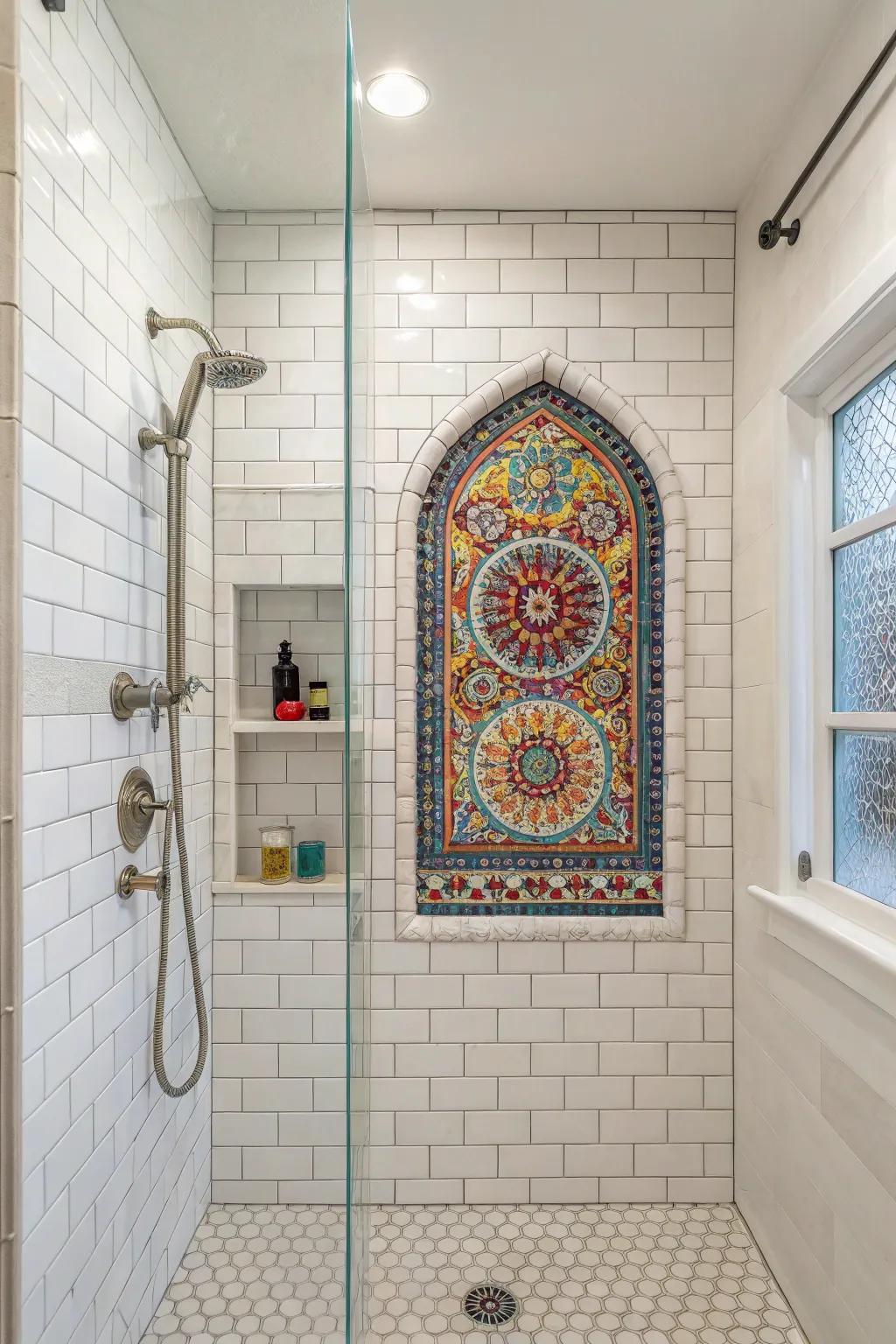 Mosaic tiles create a captivating focal point in a white shower.