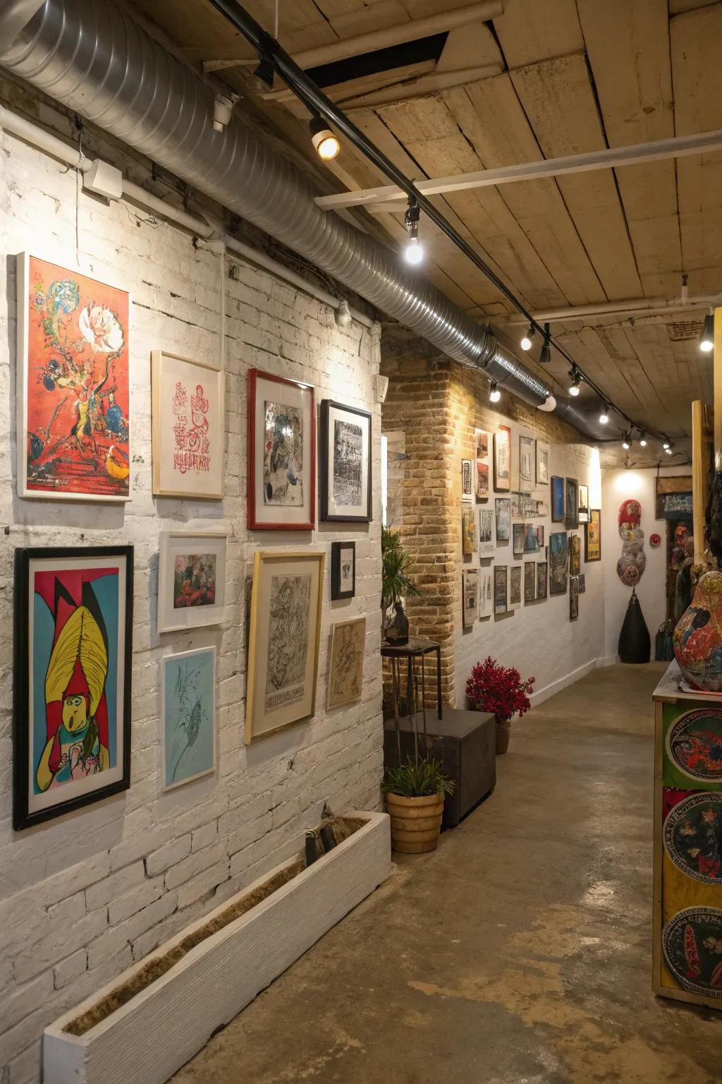 Art pieces add a personal touch to a basement space.
