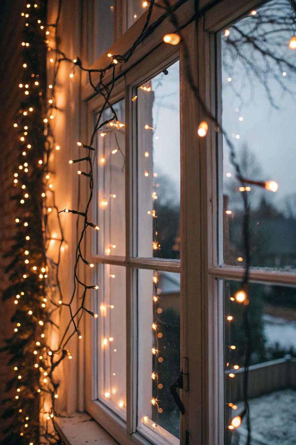 Twinkling string lights add warmth and ambiance to windows.