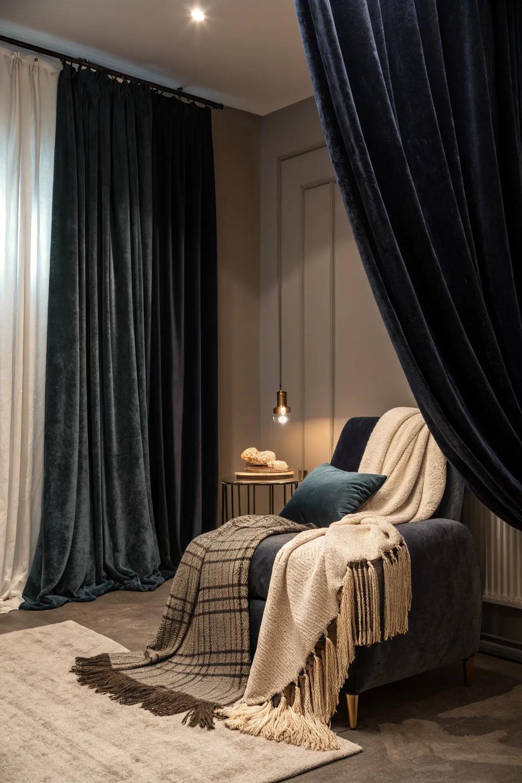 Dark velvet textiles creating a luxurious mystical atmosphere.