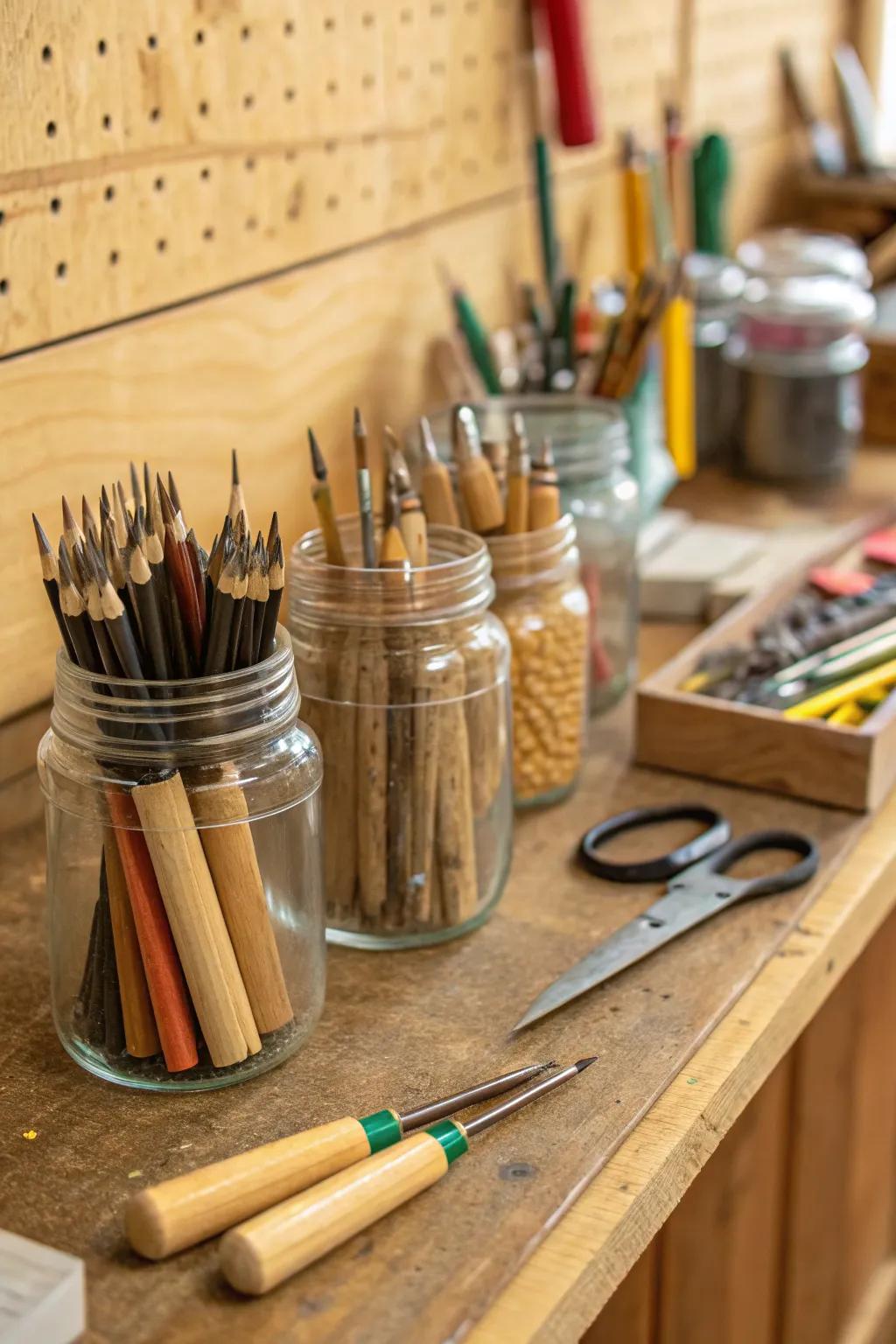 Elevate your workspace with charming glass jar storage—perfectly organizing your wood carving essentials!