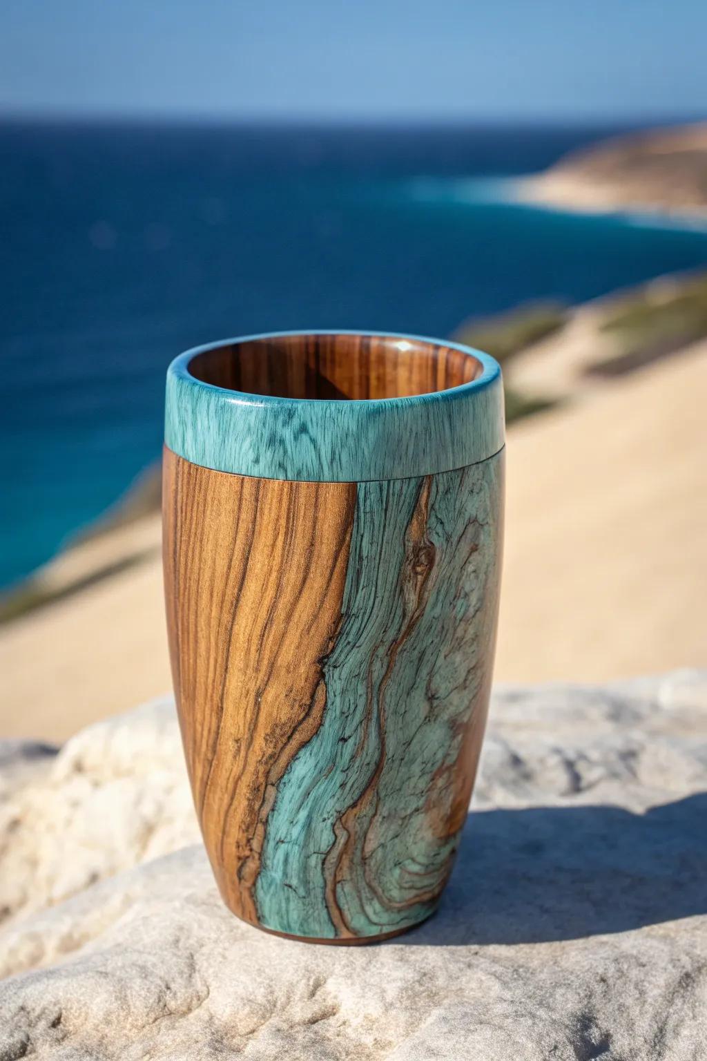 Embrace the coastal charm with this stunning turquoise wash wood grain tumbler.