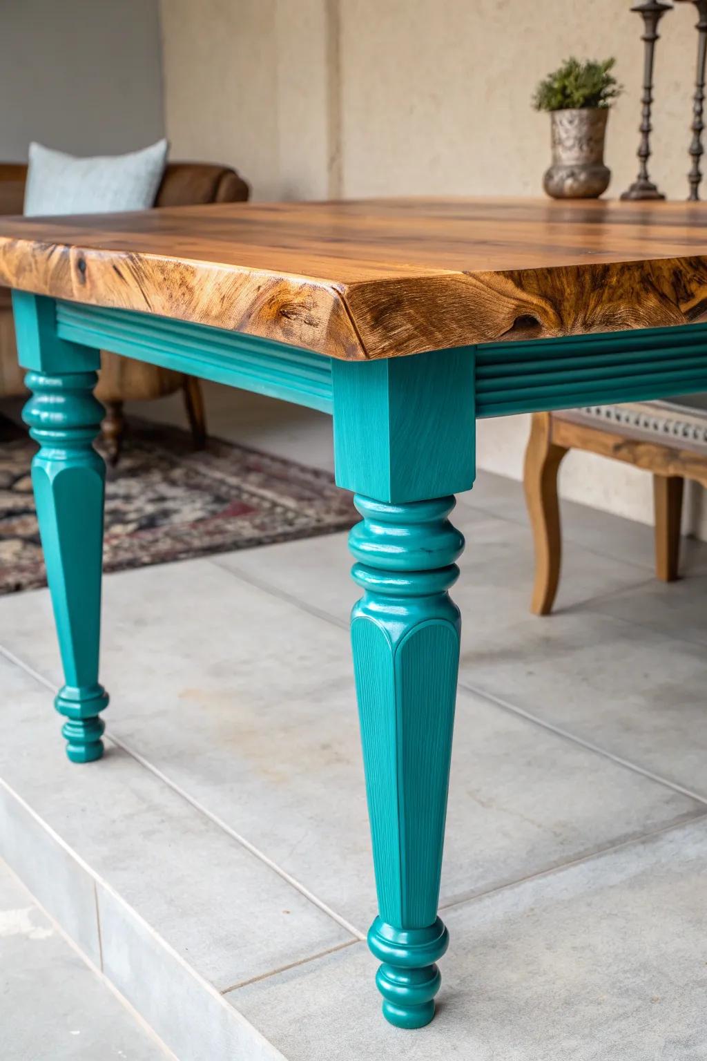 Transform your space with a pop of color: striking teal table legs that redefine craftsmanship.