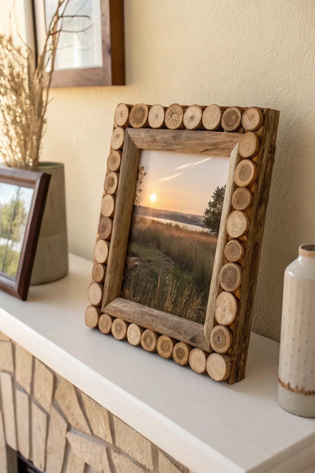 Transform an ordinary frame into a stunning centerpiece with the rustic charm of wood slices. Perfect for adding a touch of nature to your minimalist decor.