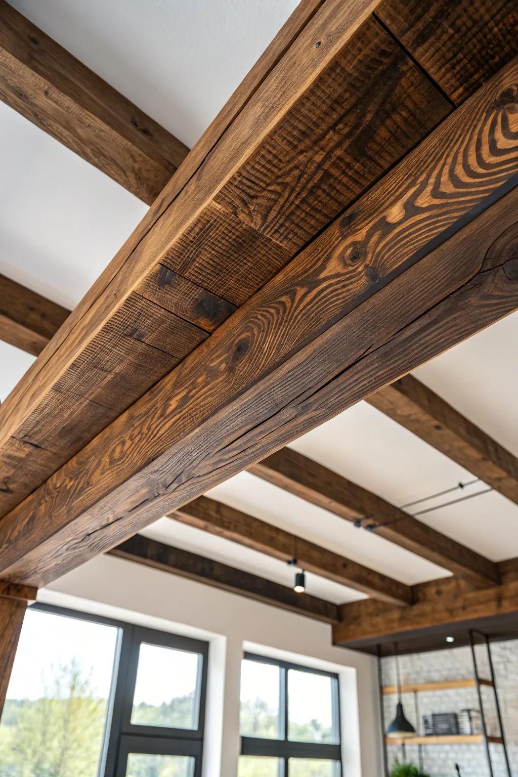 Elevate your space with the rustic charm of stained ceiling beams.