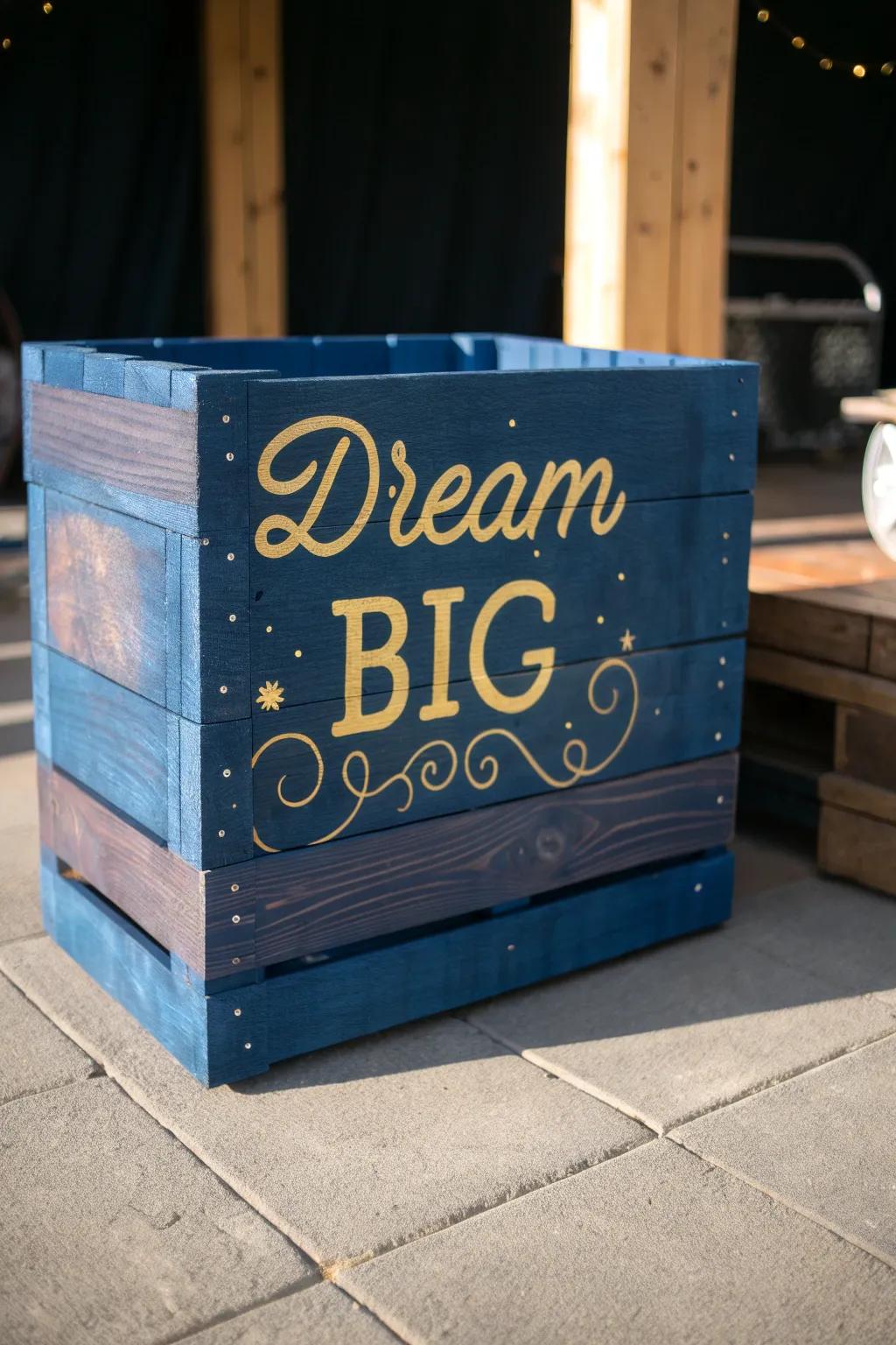 Elevate your space with a handcrafted 'Dream Big' crate—where craftsmanship meets daily motivation.