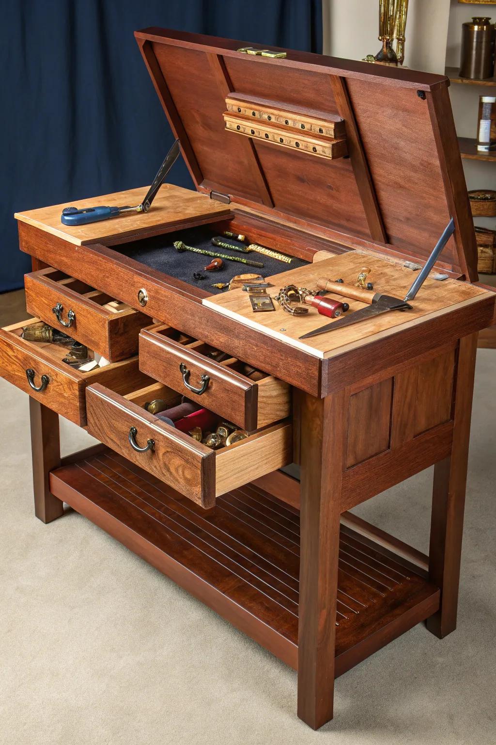 Uncover hidden features with this masterfully crafted convertible workbench.