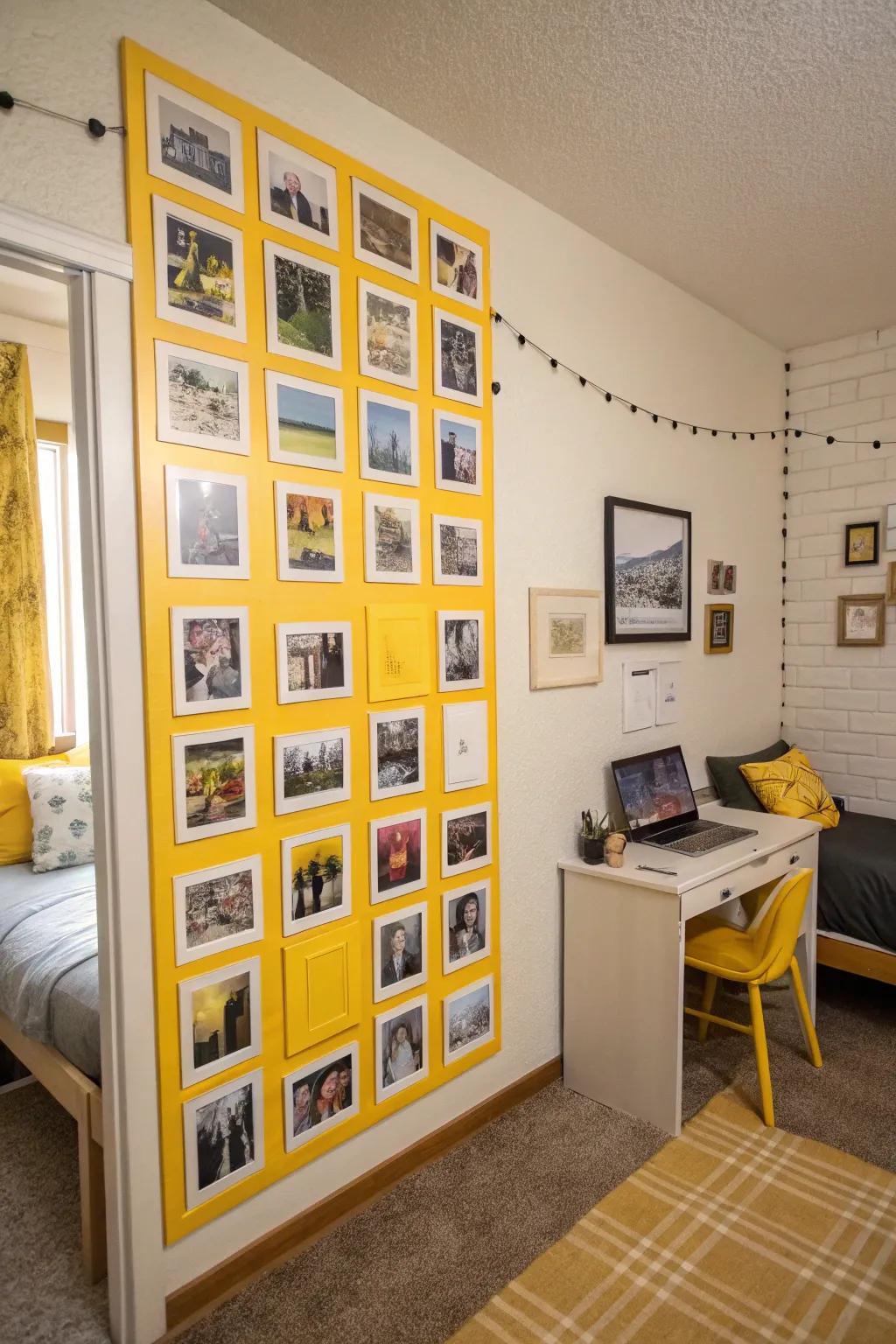 A yellow photo collage adds warmth and nostalgia to your room.