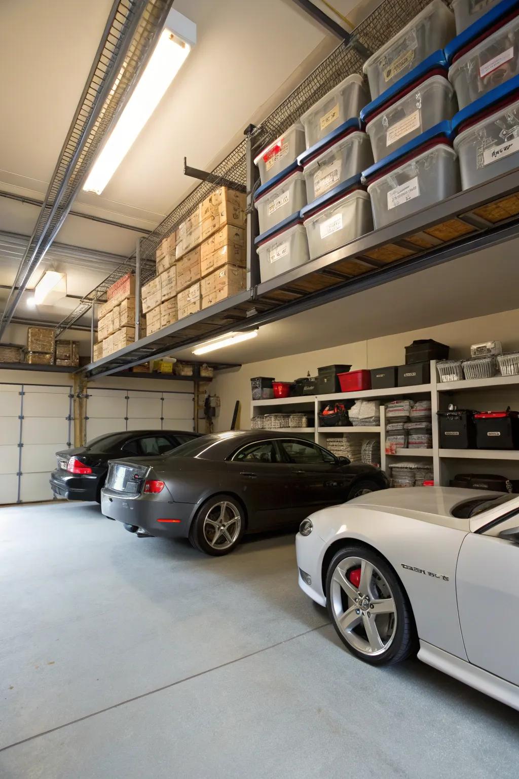 Overhead storage maximizes garage space and keeps it organized.