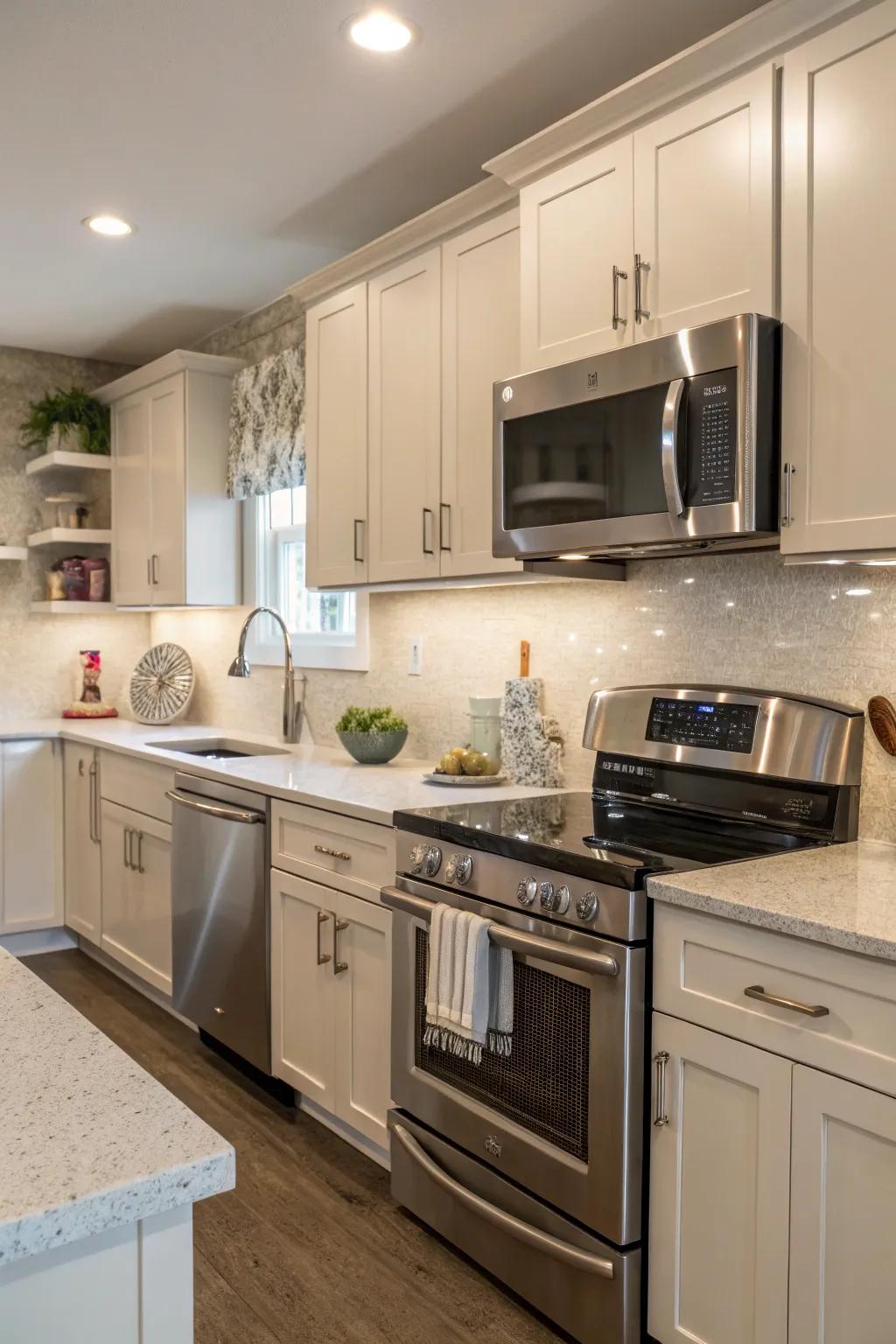 Stainless steel elements provide a modern contrast to the quartz backsplash.