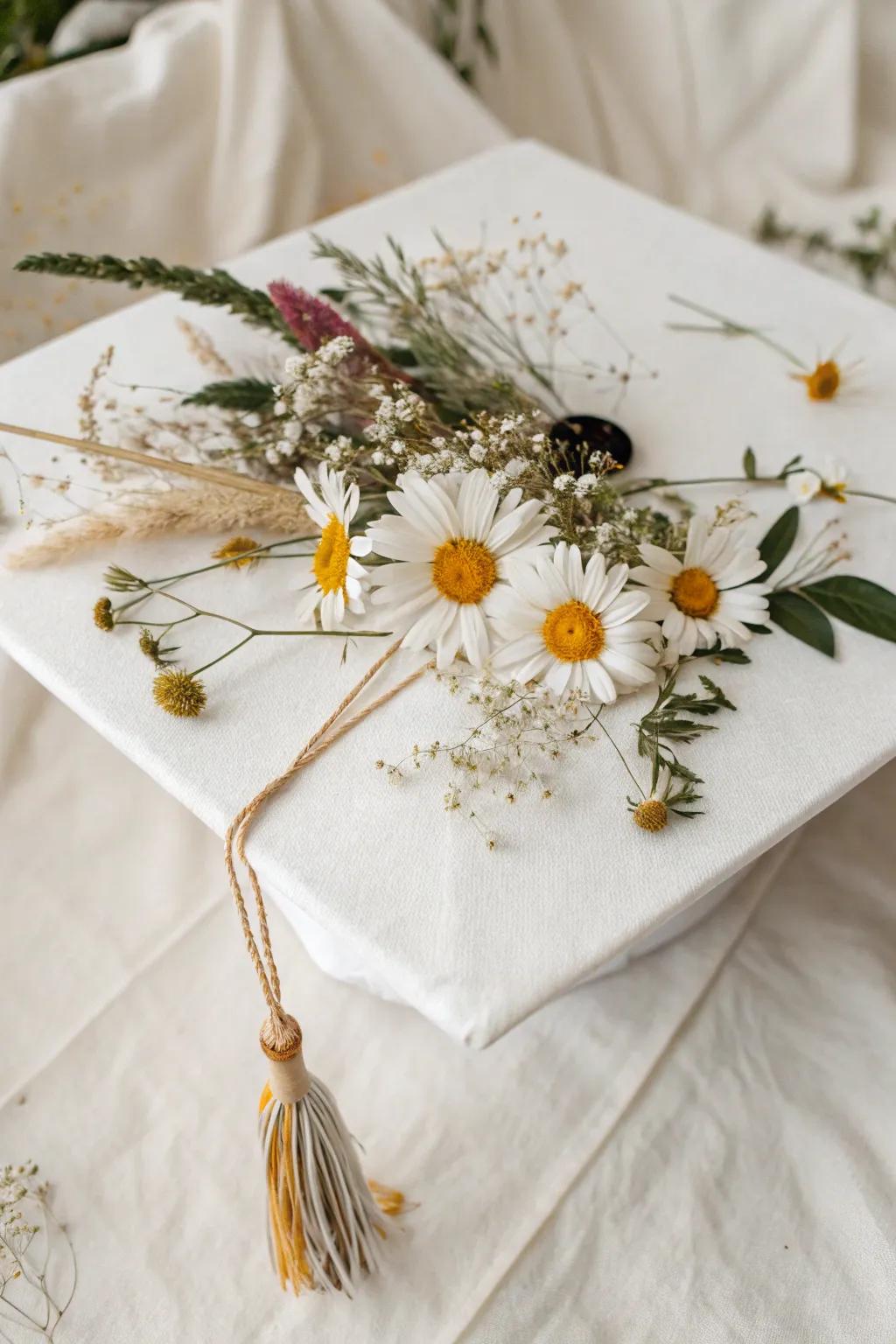 Celebrate your achievement with nature's touch: a graduation cap adorned with pressed garden daisies, where simplicity meets elegance.