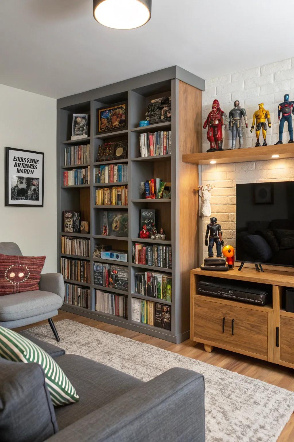 Bookcases offer stylish and functional storage for figures.