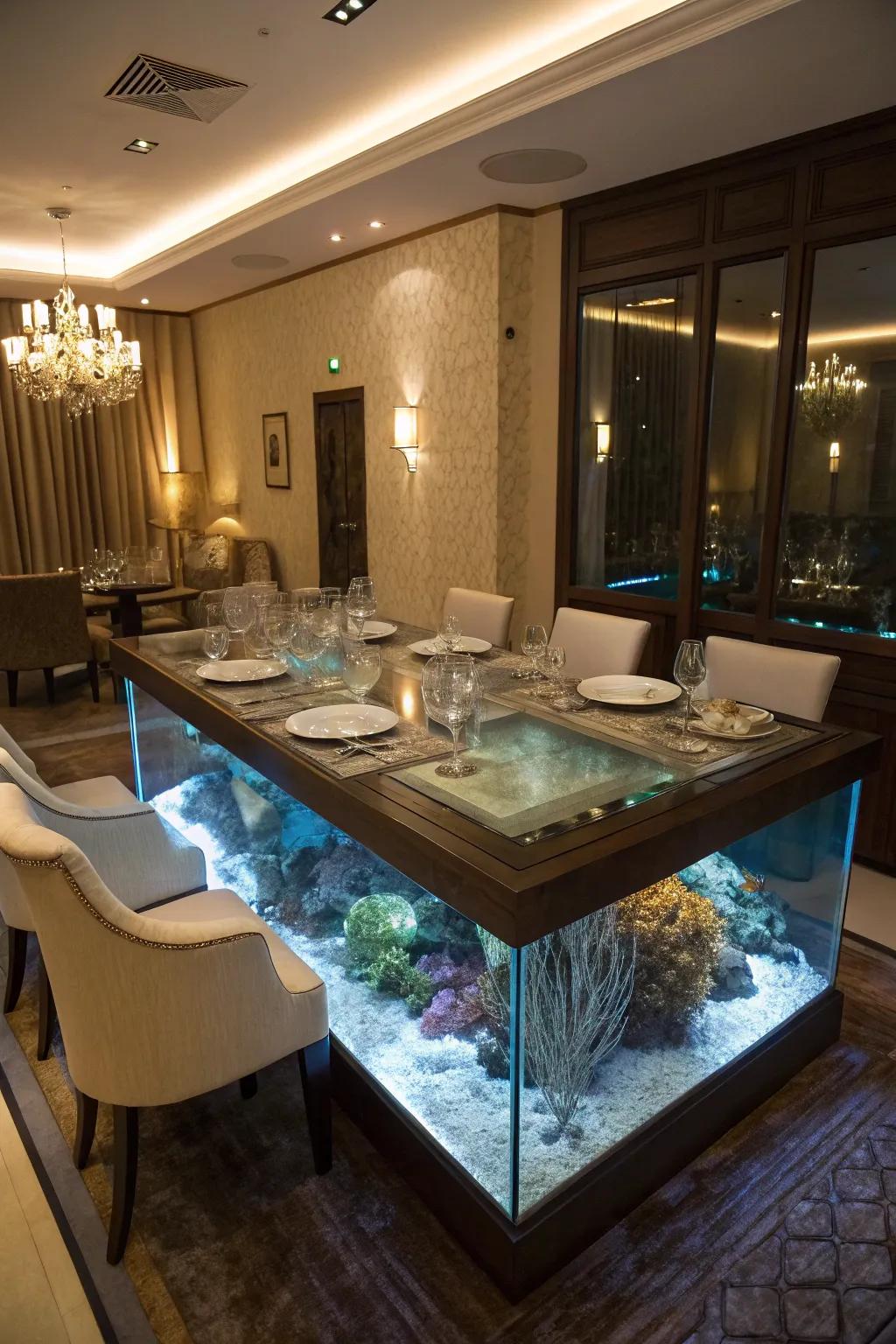 An aquarium dining table turns meals into memorable experiences.