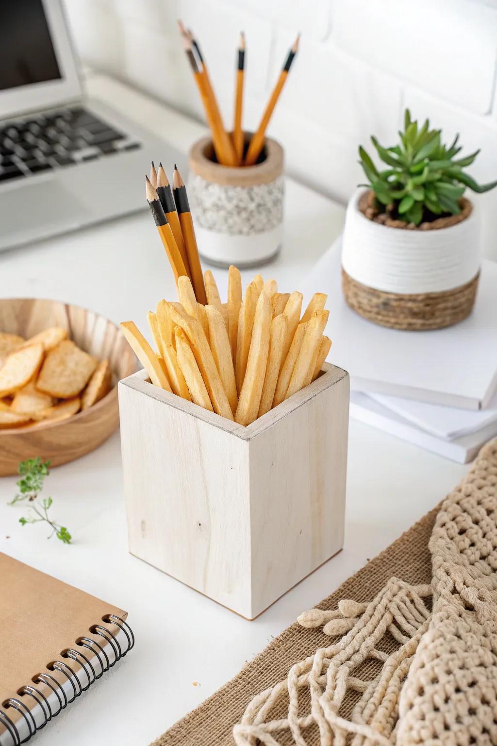 Add a touch of playful charm to your desk with this delightful French Fry Pencil Holder, perfect for organizing with style!