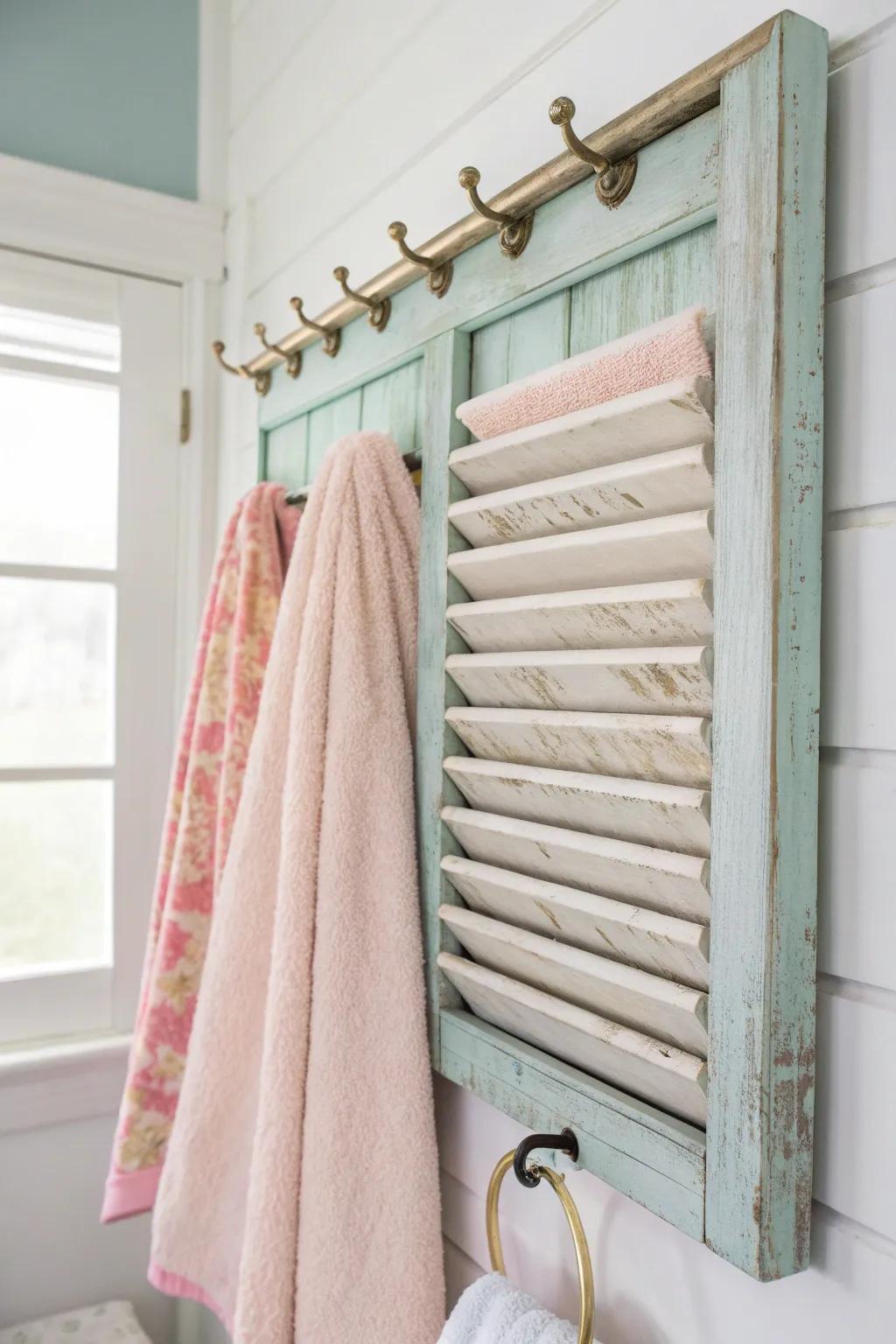 Transform old shutters into chic towel racks for a touch of rustic elegance in your backyard!