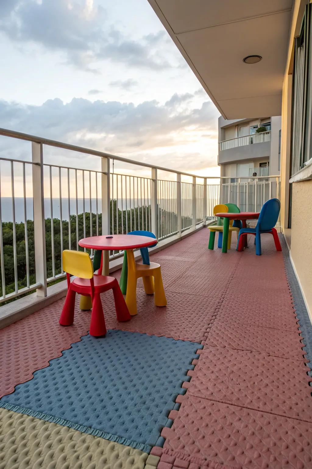 Rubber tiles provide comfort and safety for family-friendly balconies.