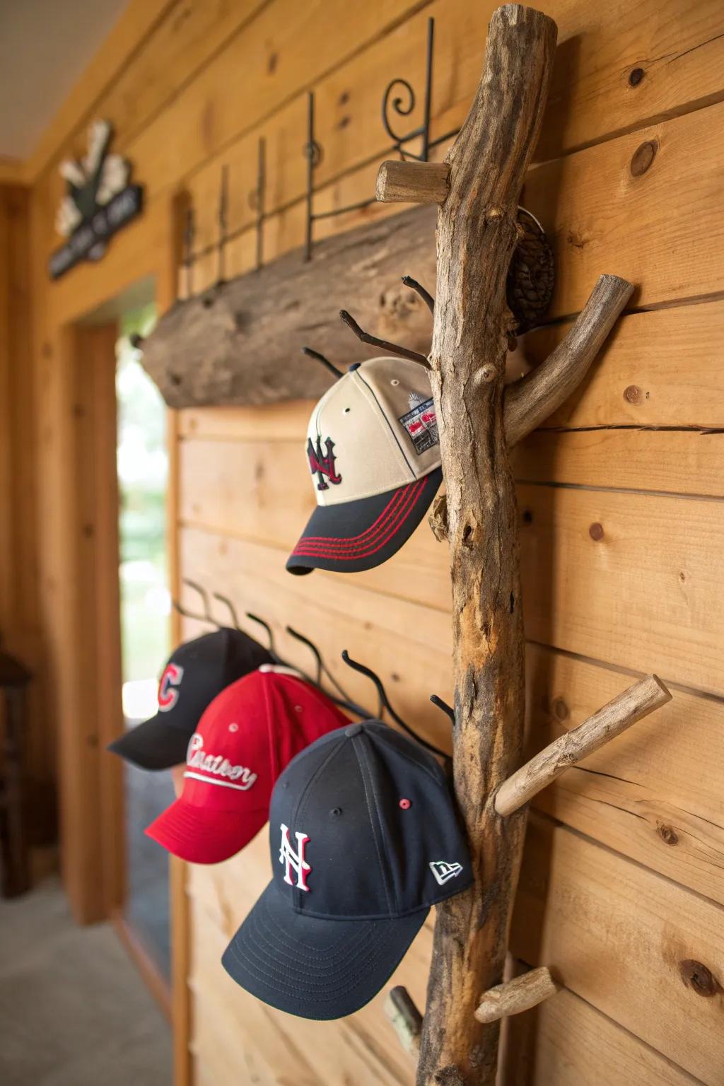 Elevate your space with a rustic touch: a branch hat rack that marries function and nature-inspired decor.