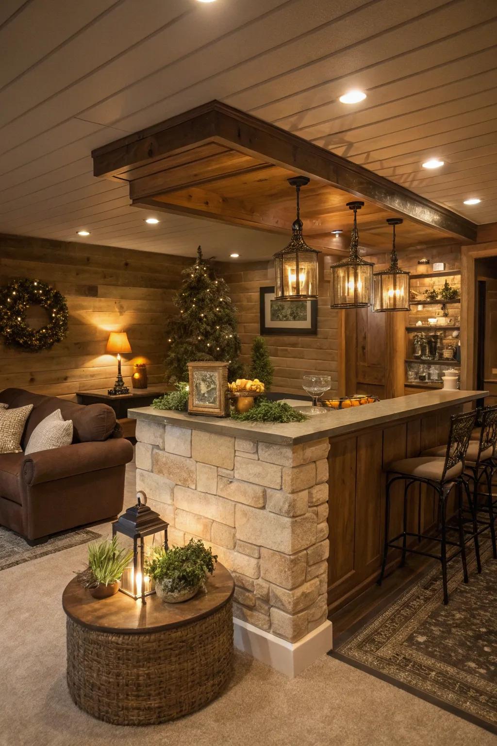 An alcove design adds intimacy and charm to your basement island.