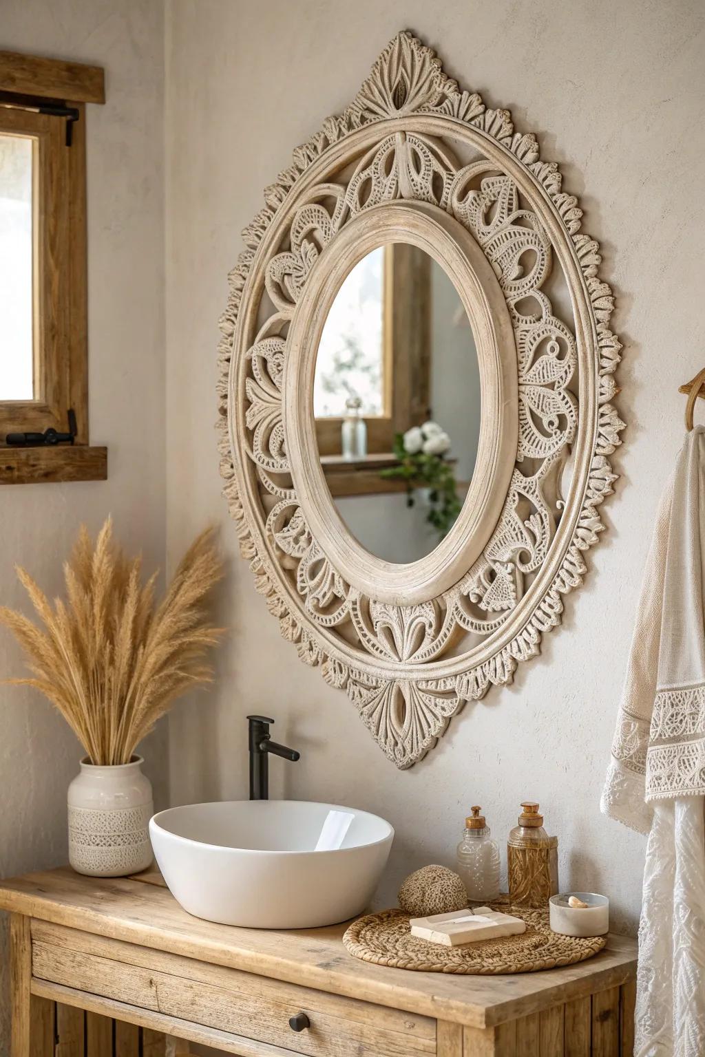 Elevate your bathroom decor with an artful mirror that speaks volumes in simplicity and style.