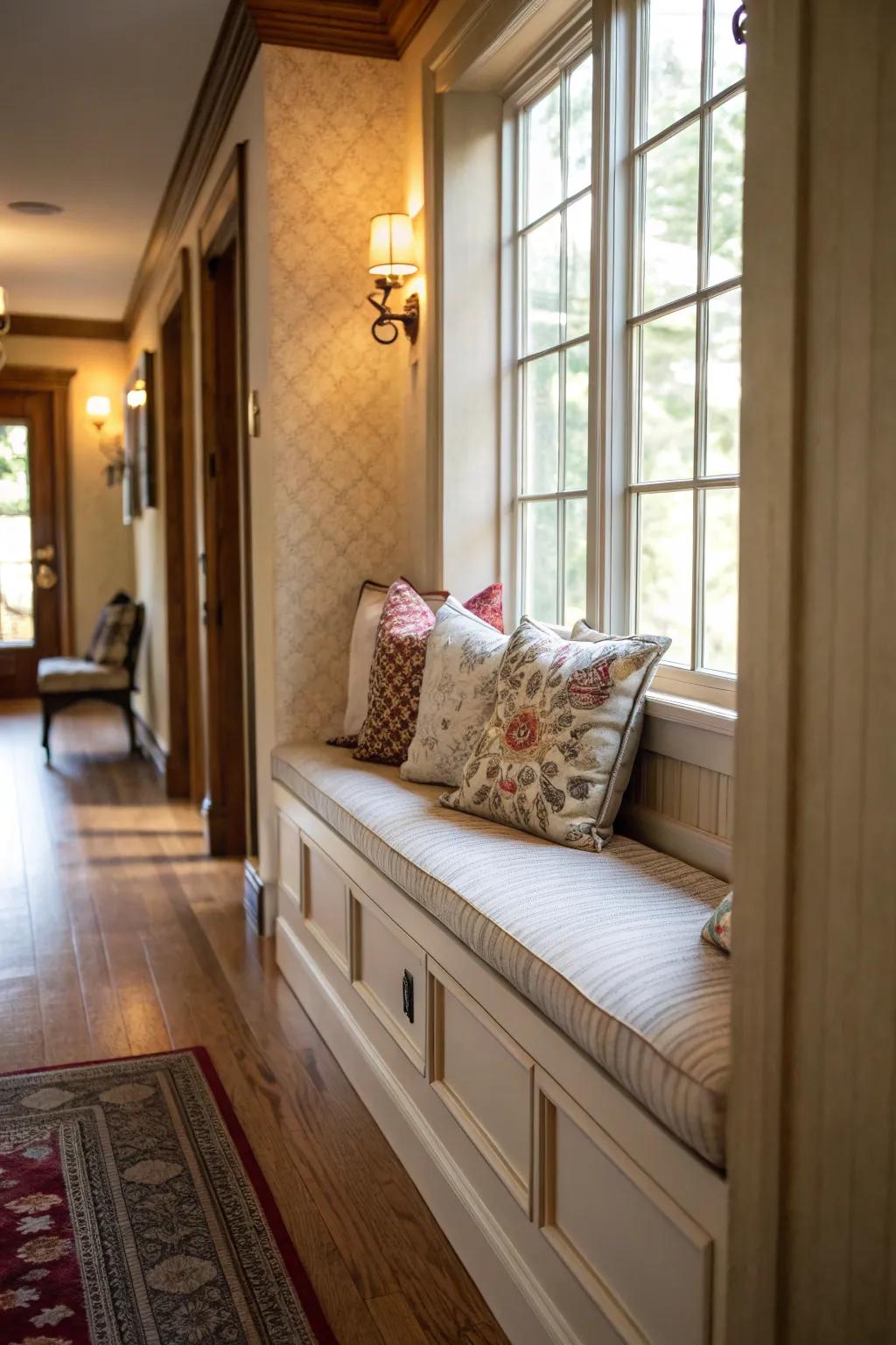A bench adds a cozy and functional touch to the hallway.