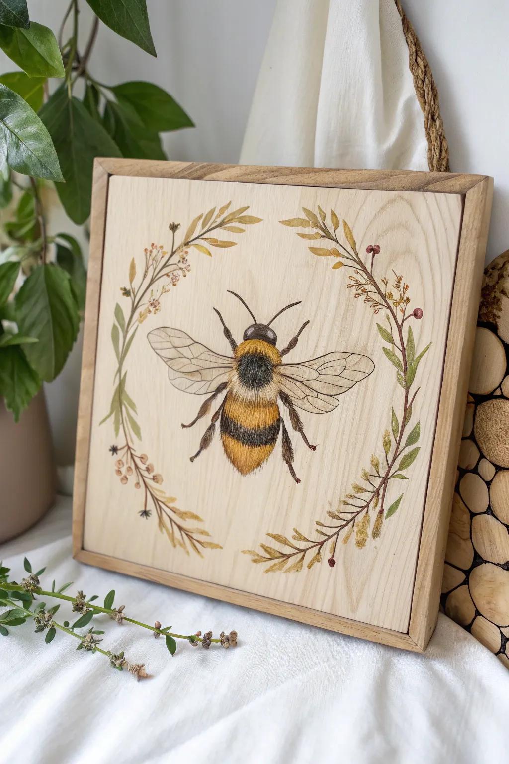 Embrace the rustic beauty of nature with this minimalist bee painting on wood.