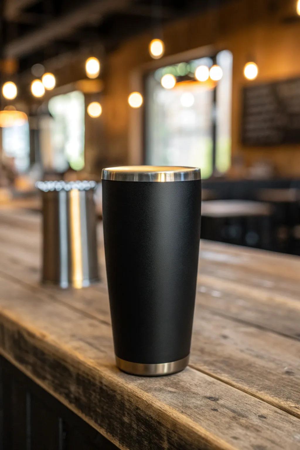 Elevate your beer experience with the timeless elegance of a minimalist black tumbler.