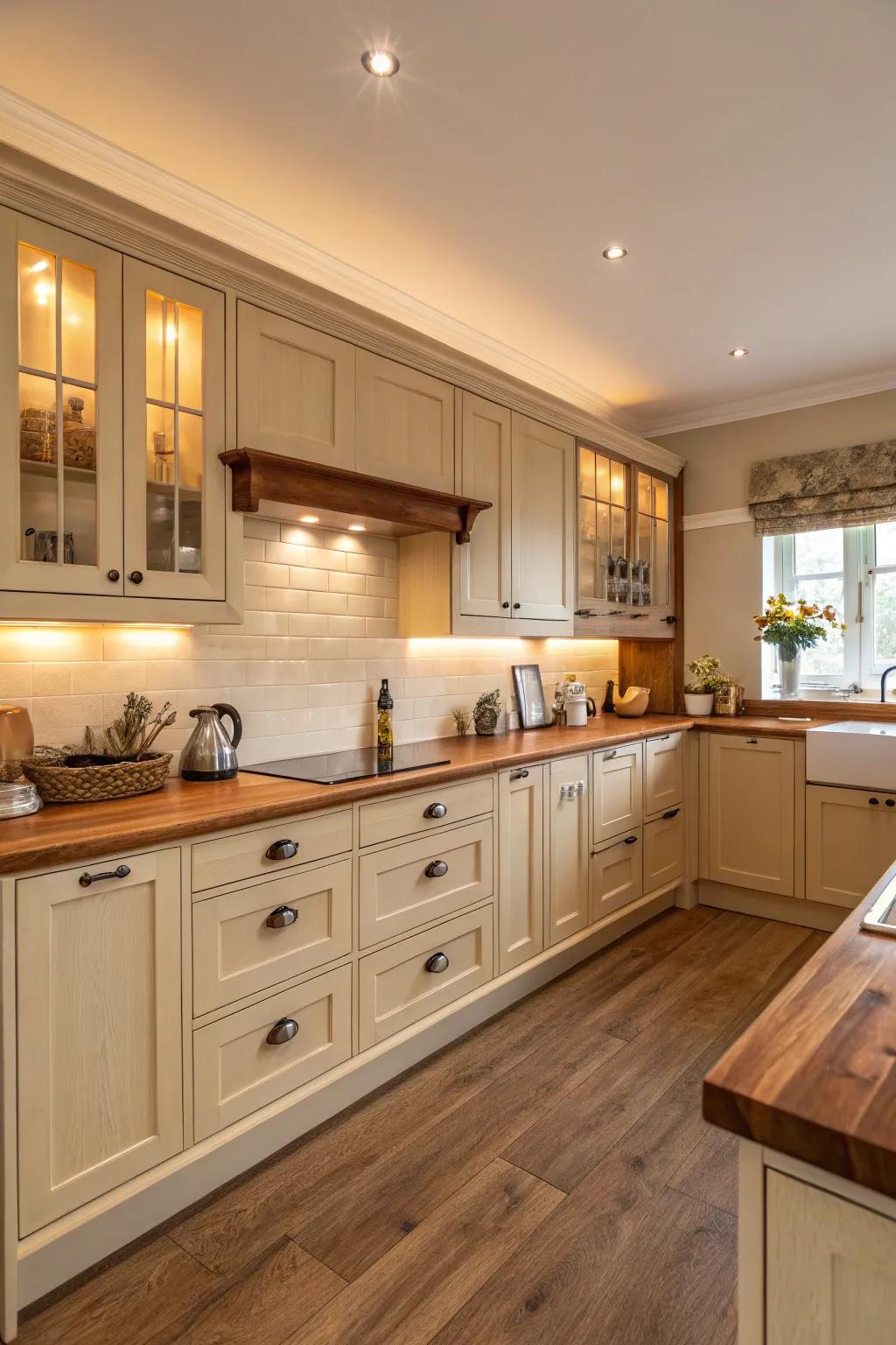 Warm woods complement beige cabinets perfectly.