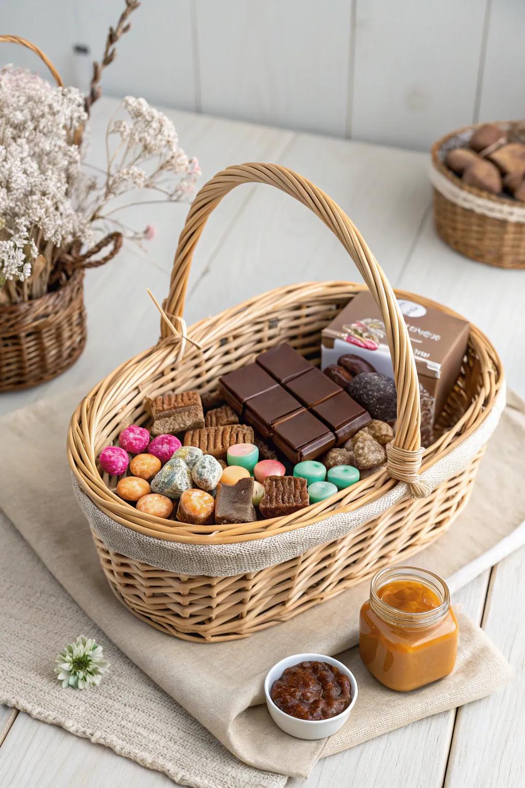 Indulge in a Sweet Tooth's Dream with this charming candy basket!