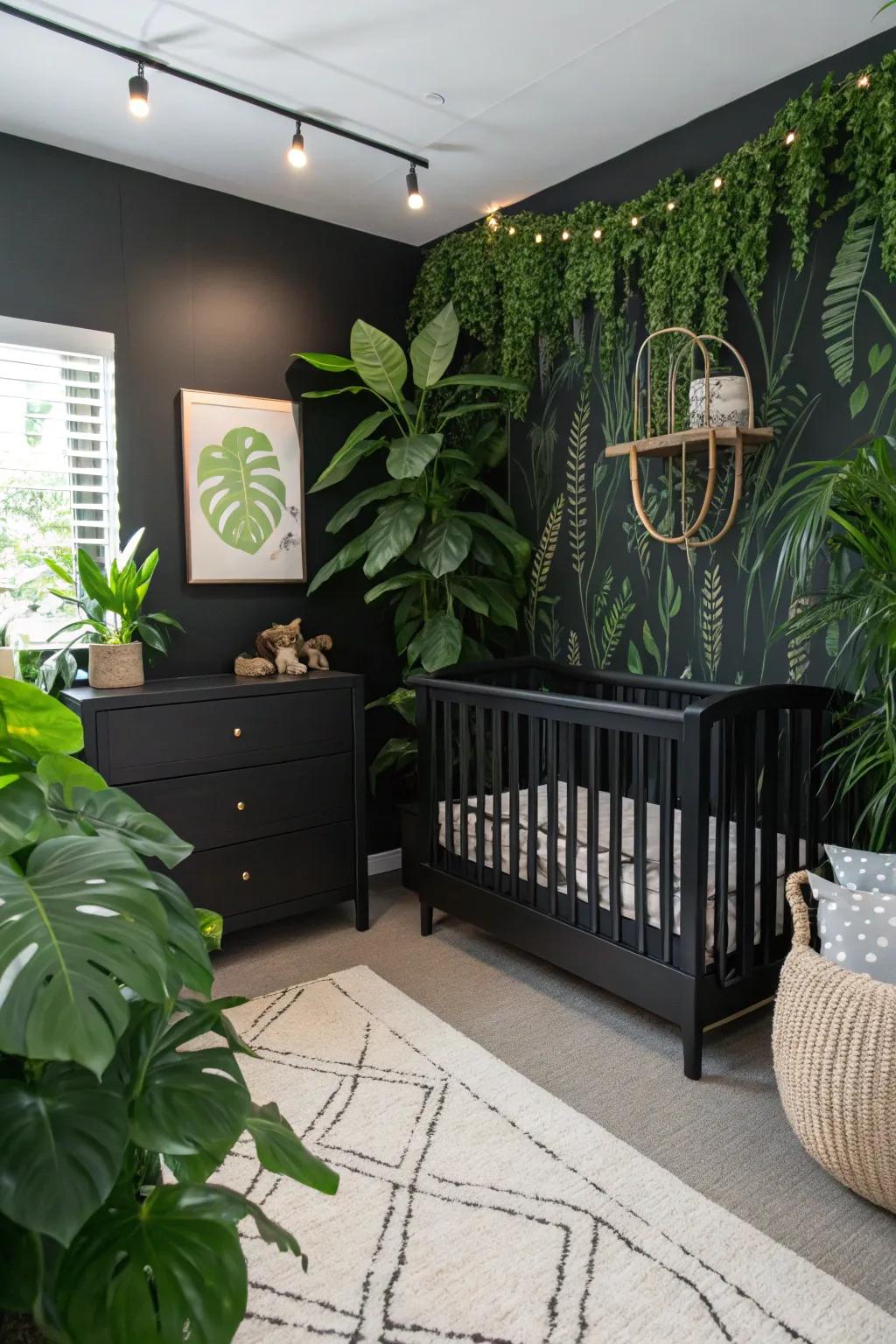Greenery adds a refreshing contrast to the black nursery.