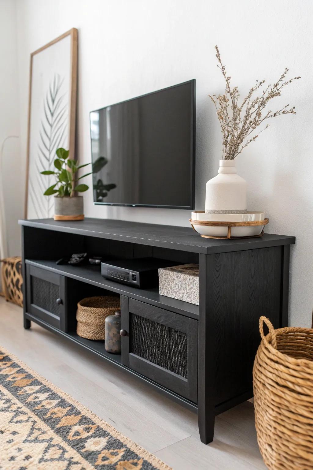 Transform your space with a sleek black media console – where minimalist design meets boho charm.